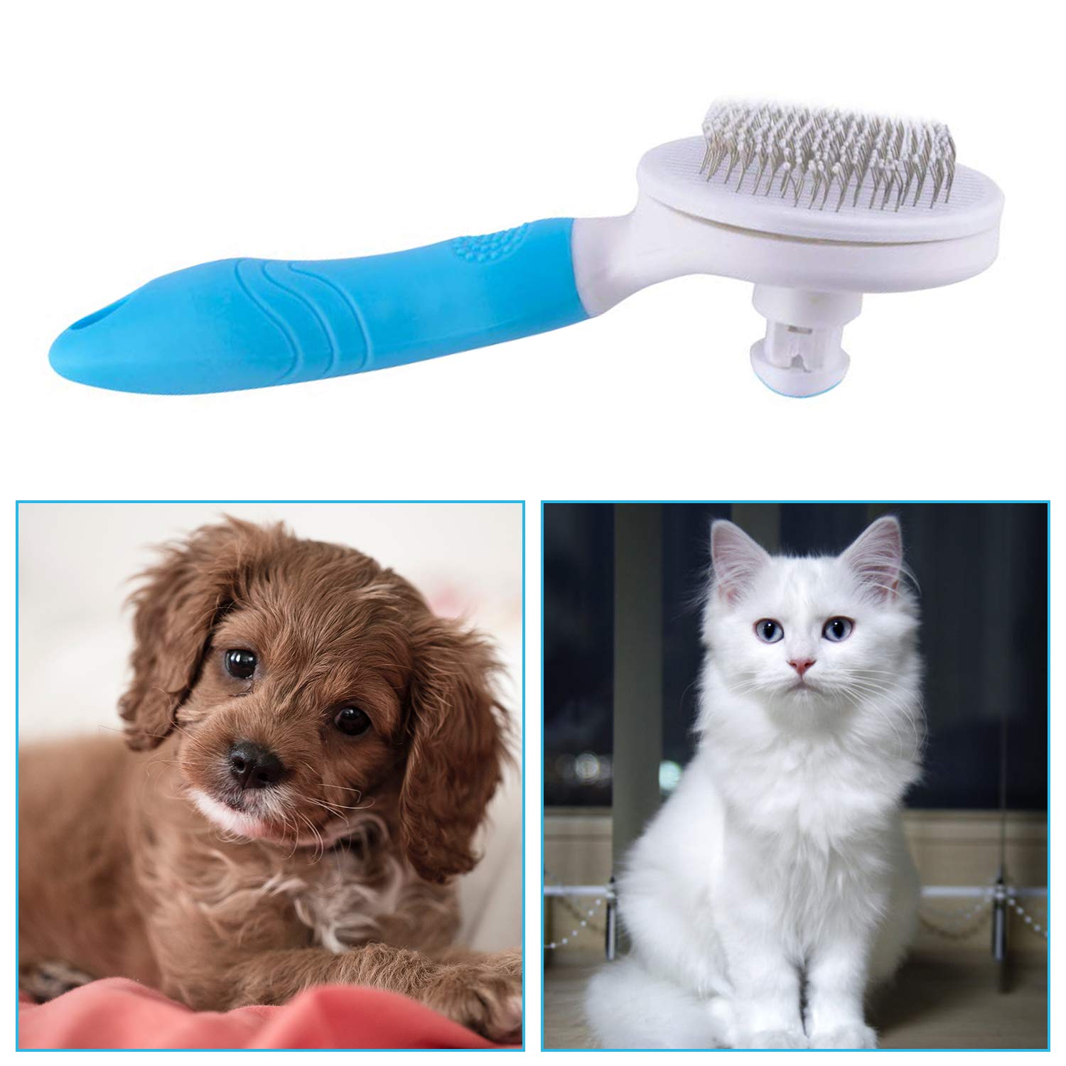 UPGRADED Self-Cleaning Slicker Brush - Gentle Deshedding & Grooming Tool for Cats, Dogs, and Rabbits - Perfect for Long & Short Hair - Blue