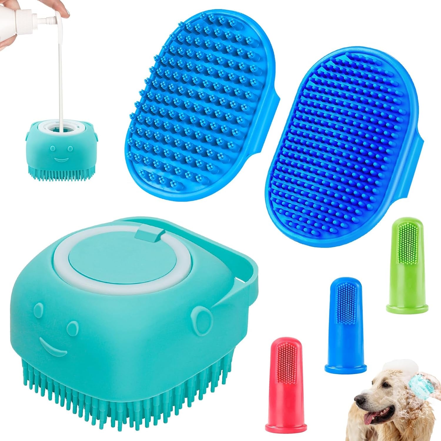 6PCS Dog Bath & Toothbrush Set | Adjustable Shampoo Brush & Scrubber for All Dog & Cat Breeds | Eliminate Odors & Stains Effortlessly (Blue)