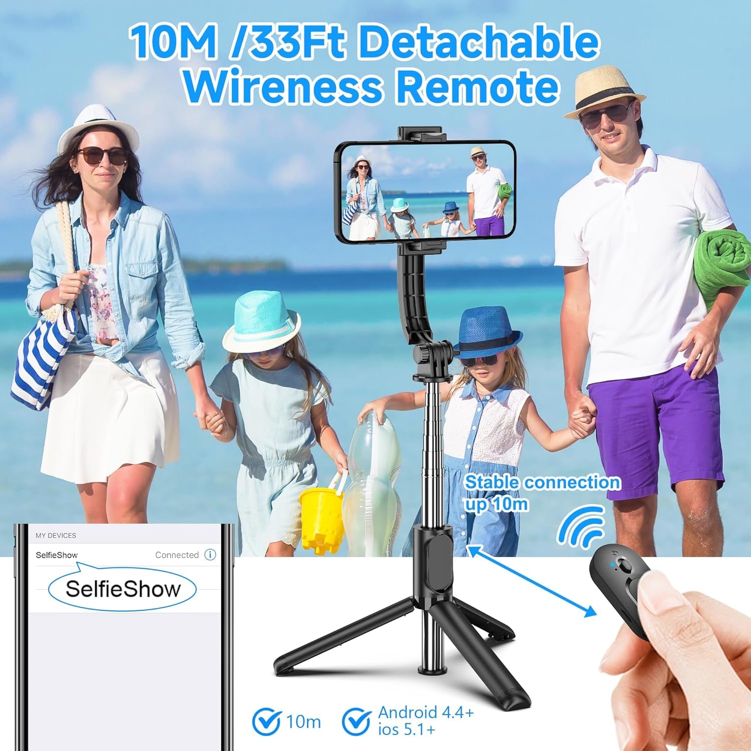 Extendable Selfie Stick Tripod with Wireless Remote - Lightweight & Portable, Compatible with iPhone 15/14/13/12 Pro, Samsung Smartphones & More