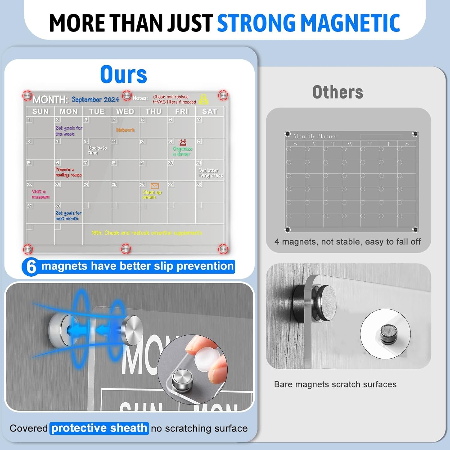 Magnetic Acrylic Fridge Calendar - 14.5"x11.5" Dry Erase Monthly Planner with 8 Color Markers for Events, Meetings & Shopping Lists