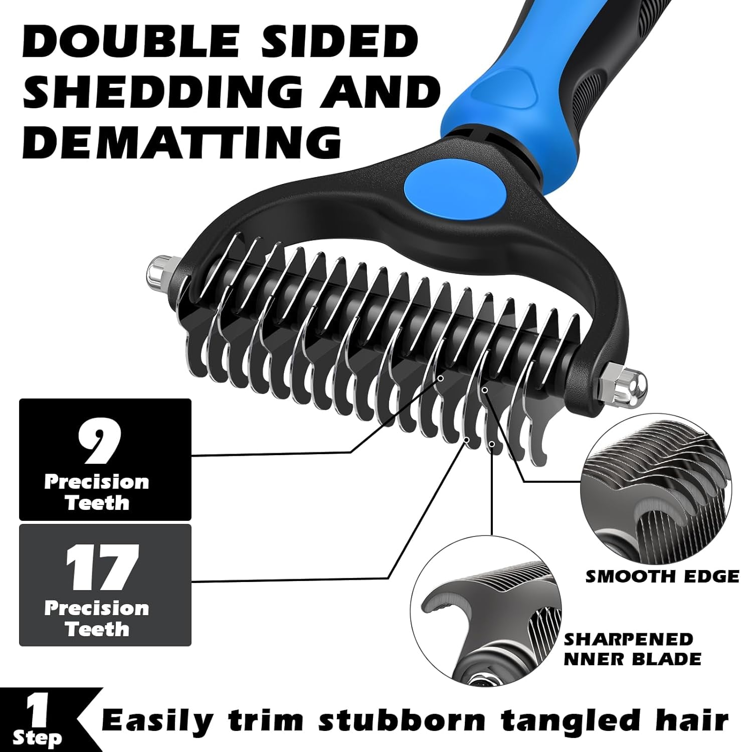 Ultimate Pet Grooming Set: 3PCS Self-Cleaning Slicker Brush, Dematting Comb & Flea Comb for Dogs, Cats & Horses - Skin-Friendly Deshedding Tools in Blue