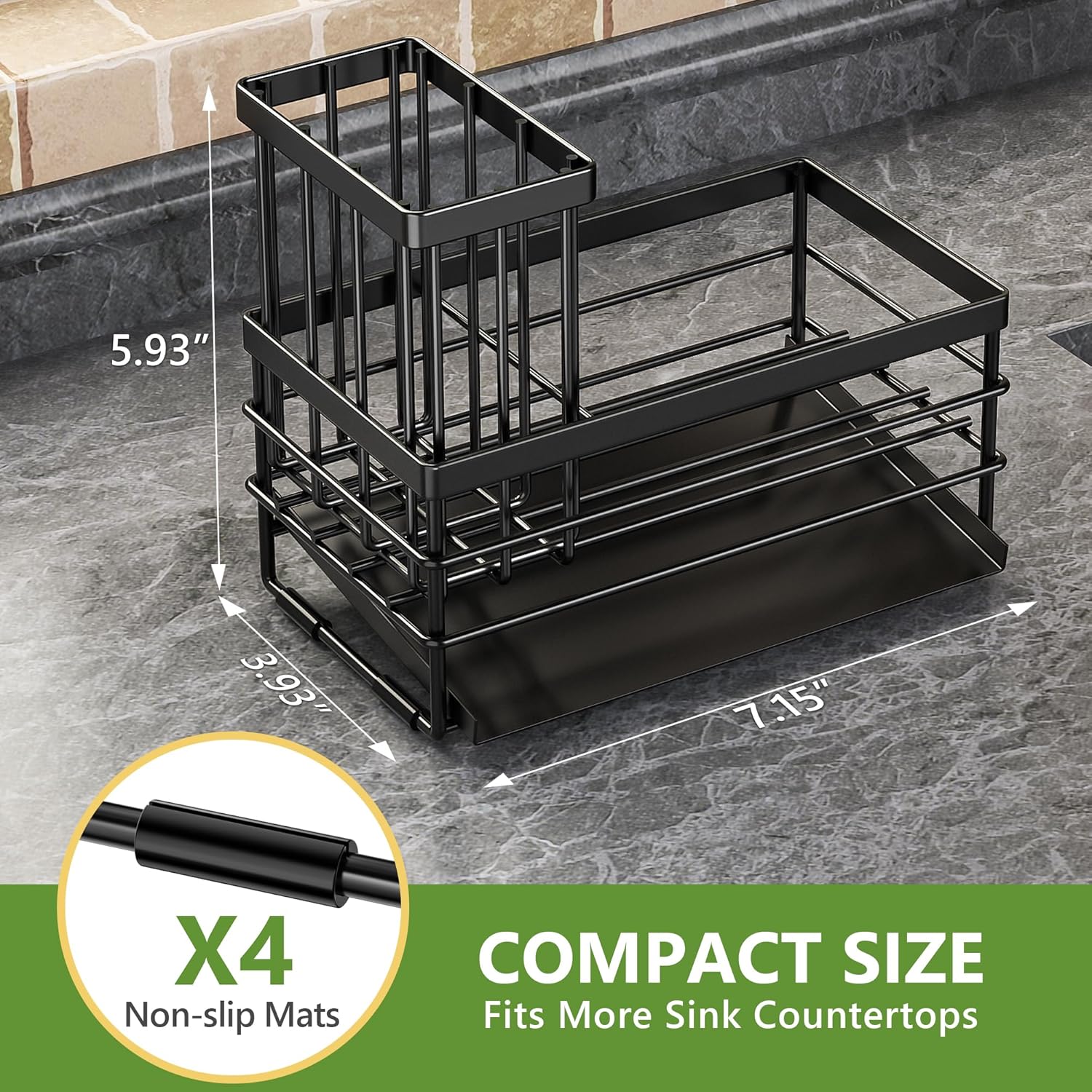 Rustproof Kitchen Sink Caddy - Stylish Sponge Holder with Brush Storage & Self-Drain Stainless Steel Tray (Black)