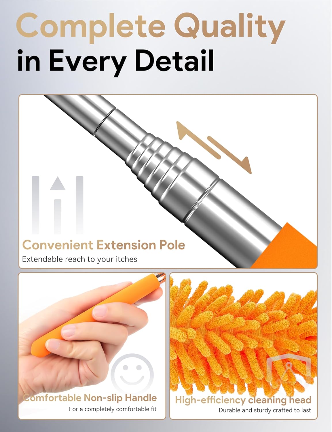 Extendable Microfiber Duster Set - Hand Washable with 2 Replaceable Heads for Effortless Cleaning of Office, Car, Windows, Furniture, and Ceiling Fans