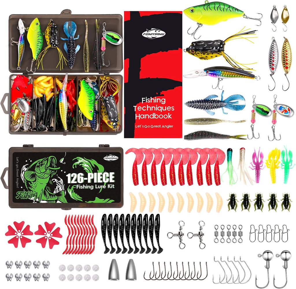 Ultimate  Fishing Lures Kit  126 piece- Complete Tackle Box with Vibs, Frogs, Minnows, Soft Baits, Hooks & Weights for Freshwater Bass, Walleye & Trout Fishing
