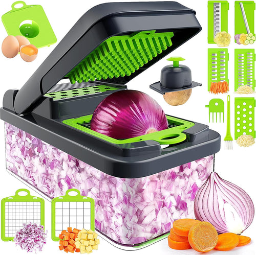 12-in-1 Versatile Vegetable Chopper with 7 Blades, Convenient Food Prep Tool & Cheese Grater - Essential Kitchen Gadget in Green/Grey