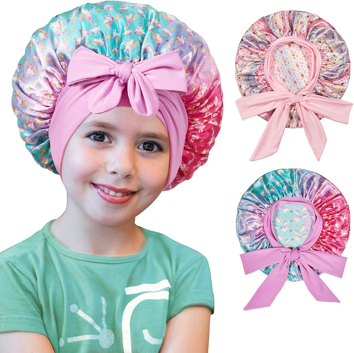 2 Pack Kids Silk & Satin Bonnets - Stylish Sleep Caps for Girls, Perfect for Toddler Comfort