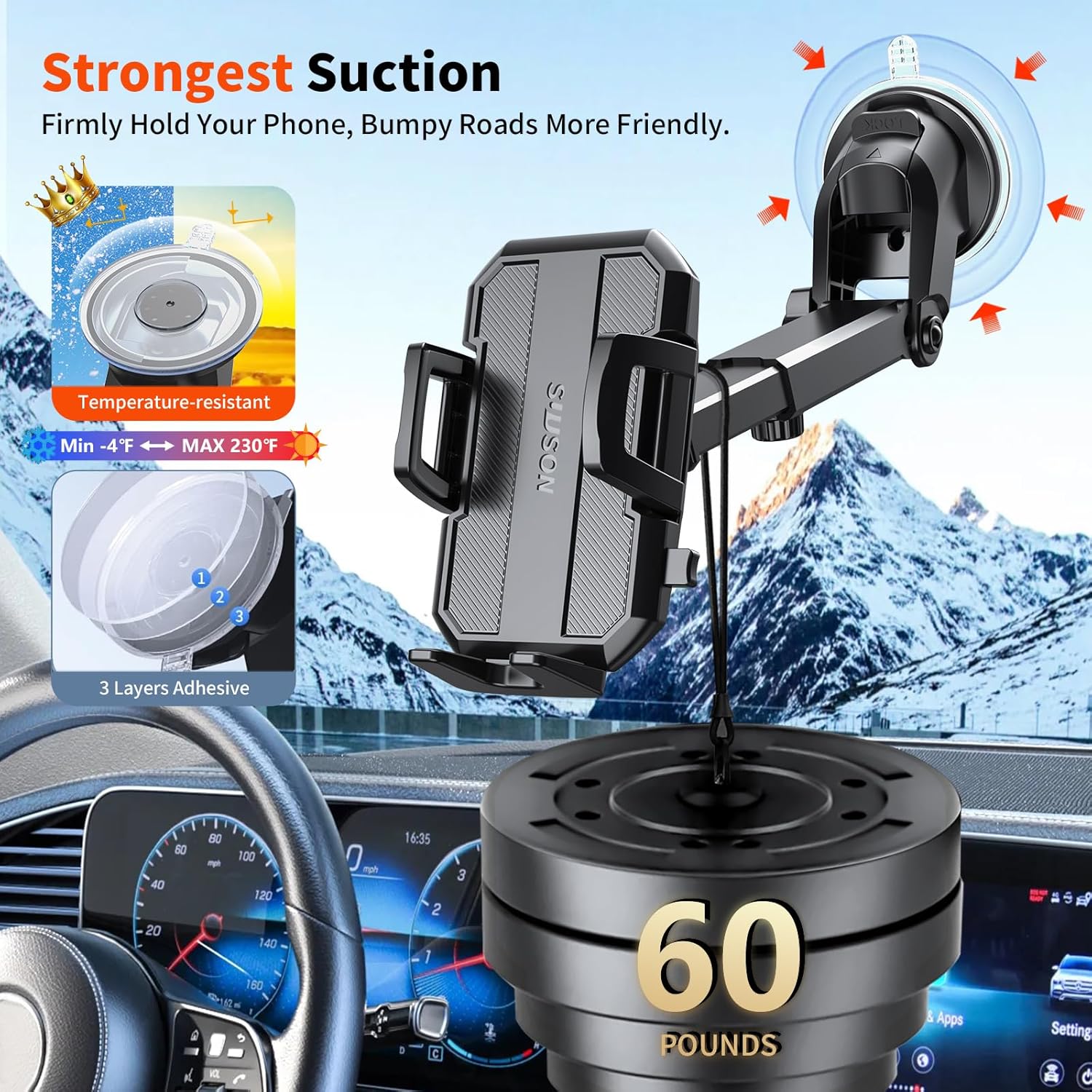 3-in-1 Powerful Suction Car Phone Holder Mount - Versatile Dashboard, Air Vent, and Windshield Stand for All iPhones and Androids (Black)