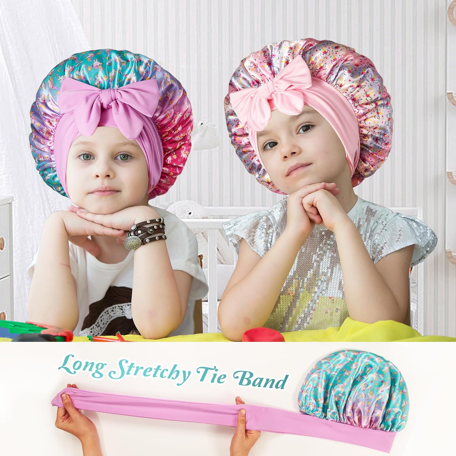 2 Pack Kids Silk & Satin Bonnets - Stylish Sleep Caps for Girls, Perfect for Toddler Comfort