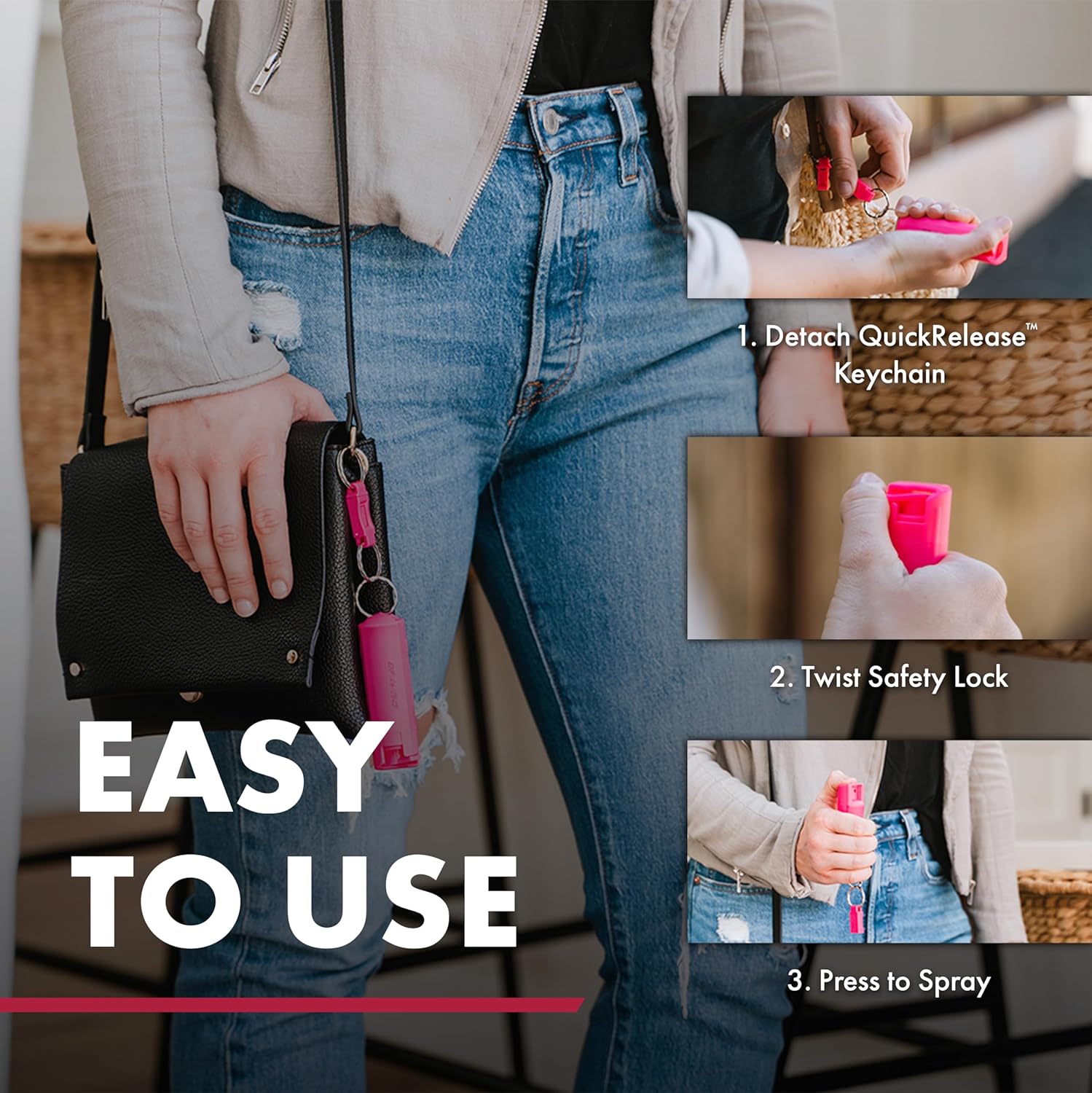 3-In-1 Defense Spray - Max Police Strength Pepper Spray, Tear Gas & UV Dye with Quick Release Keychain & Finger Grip for Precision Aim - 10 Seconds of Protection in a Compact 0.54 Fl Oz Size