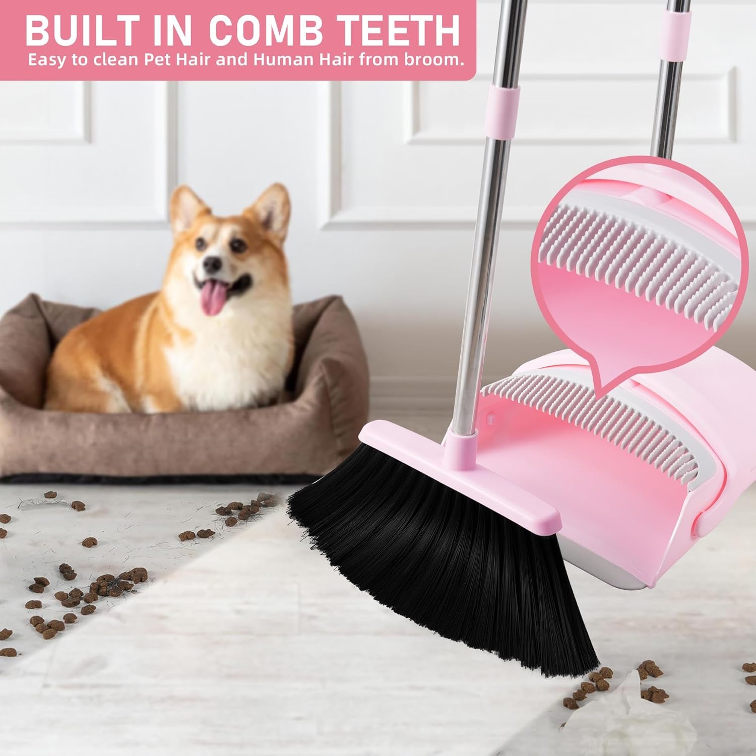 Pink Broom and Dustpan Set - Collapsible Indoor Sweeping Combo for Home, Office, Kitchen & Pet Hair Cleanup