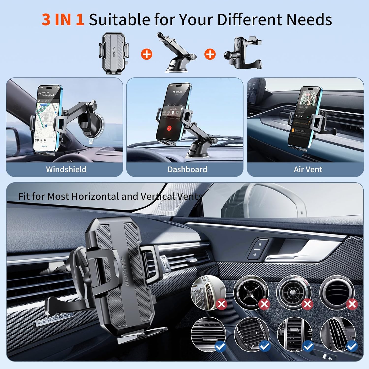 3-in-1 Powerful Suction Car Phone Holder Mount - Versatile Dashboard, Air Vent, and Windshield Stand for All iPhones and Androids (Black)