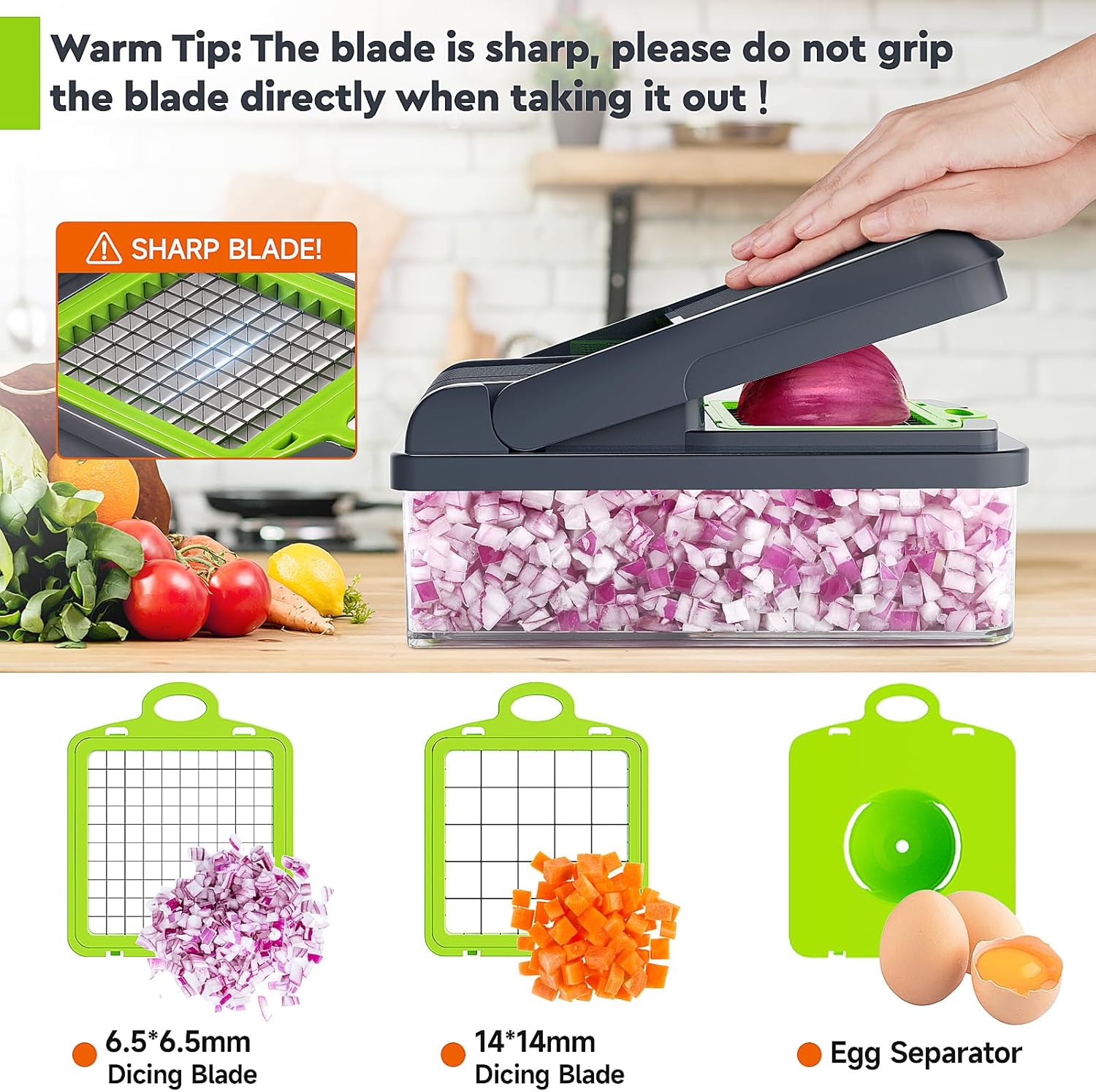 12-in-1 Versatile Vegetable Chopper with 7 Blades, Convenient Food Prep Tool & Cheese Grater - Essential Kitchen Gadget in Green/Grey