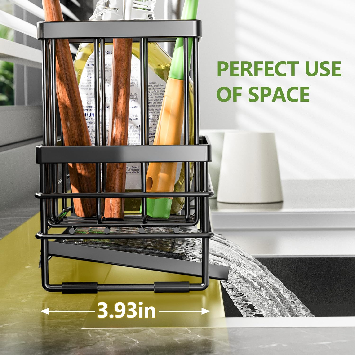 Rustproof Kitchen Sink Caddy - Stylish Sponge Holder with Brush Storage & Self-Drain Stainless Steel Tray (Black)