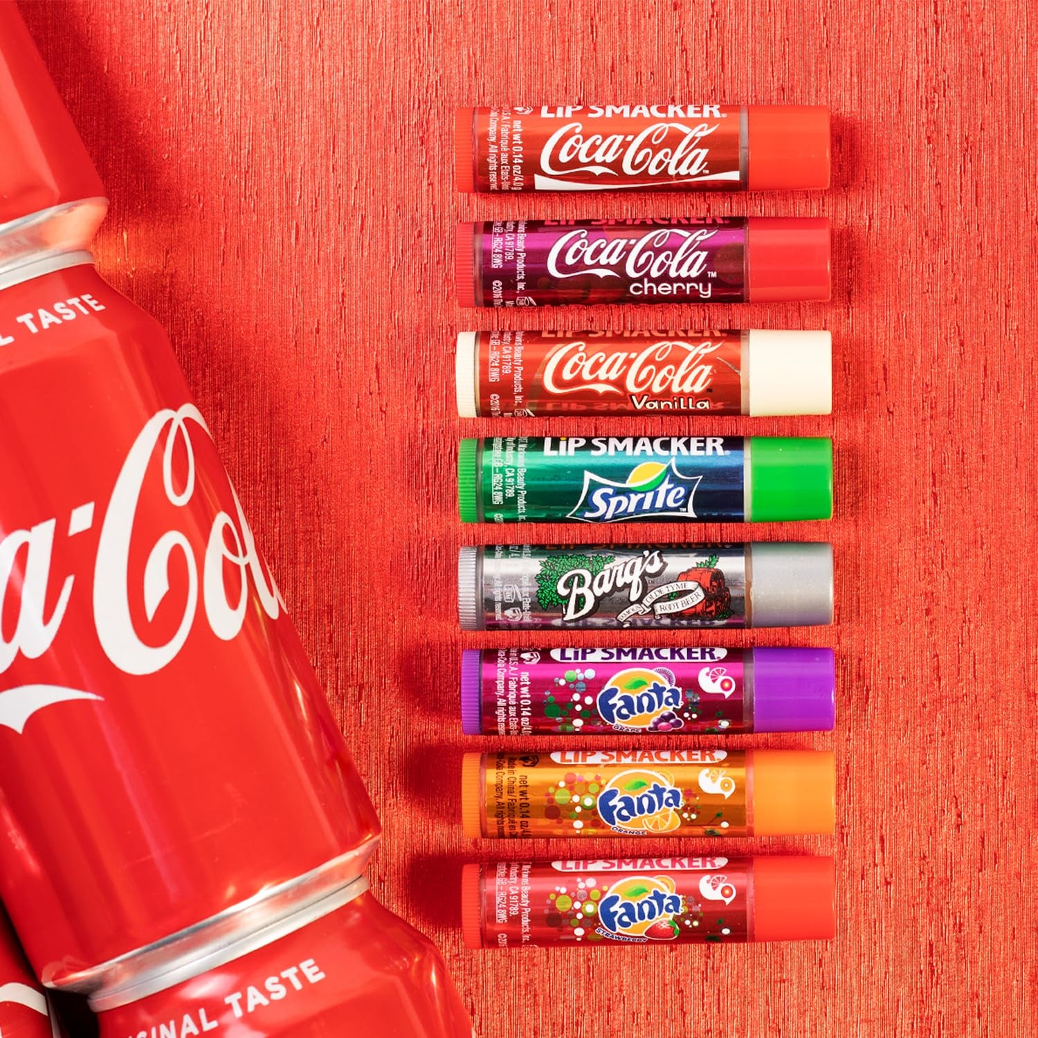 Coca-Cola Flavored  Balm Set - 8 Delicious Flavors including Coke, Cherry Vanilla Sprite, Root Beer, Orange Fanta, and Grape Strawberry Fanta!