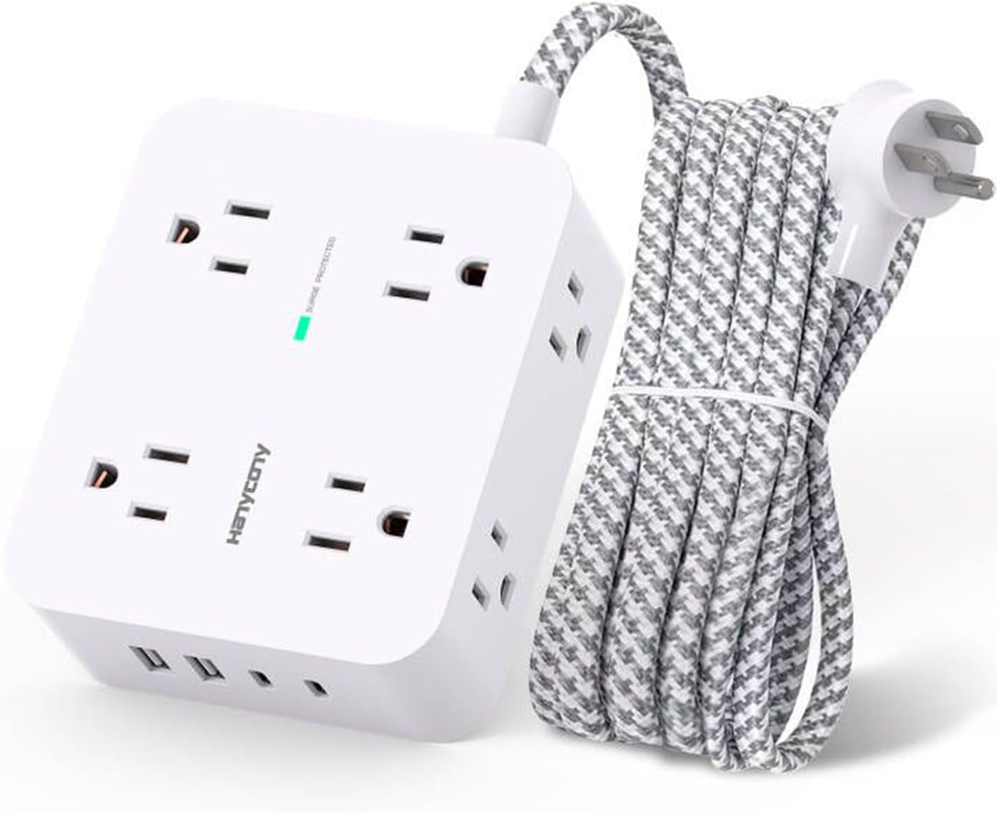 Surge Protector Power Strip - 8 Outlets & 4 USB Charging Ports (2 USB-C), 5Ft Braided Cord, Flat Plug for Home & Office