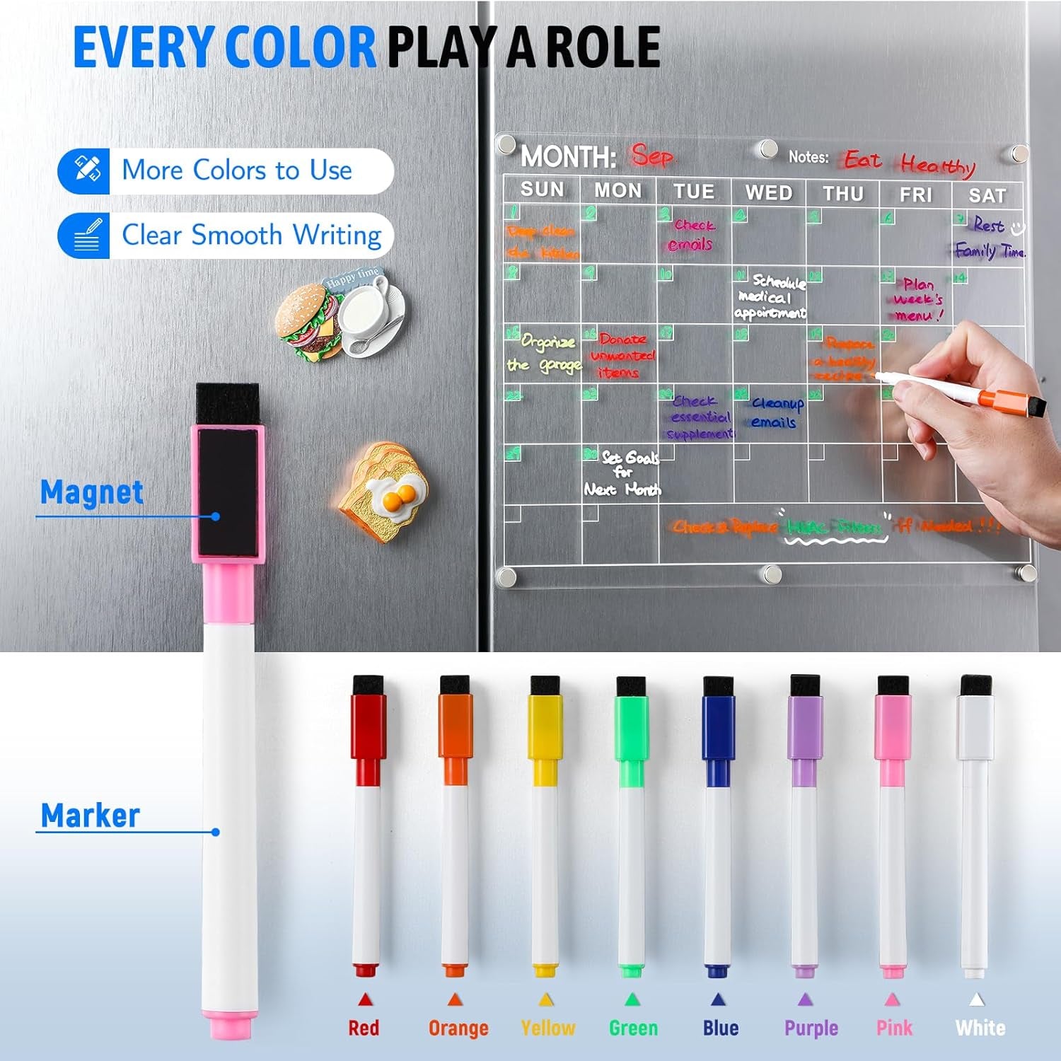 Magnetic Acrylic Fridge Calendar - 14.5"x11.5" Dry Erase Monthly Planner with 8 Color Markers for Events, Meetings & Shopping Lists