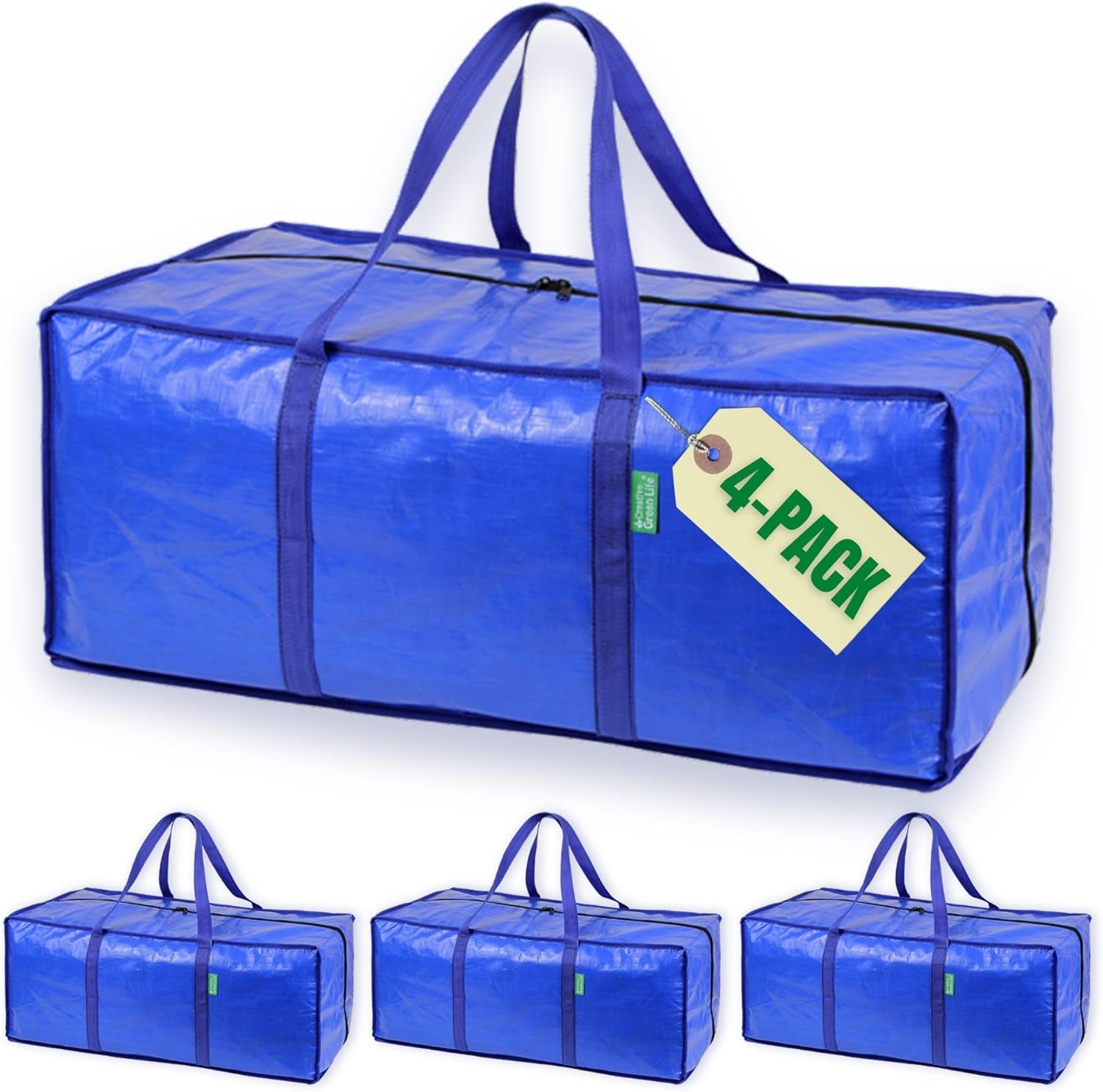 Extra Large Heavy Duty Moving Bags - 4 Pack Blue Storage Bins with Strong Zipper & Carry Handles - Ideal for College Dorm Essentials
