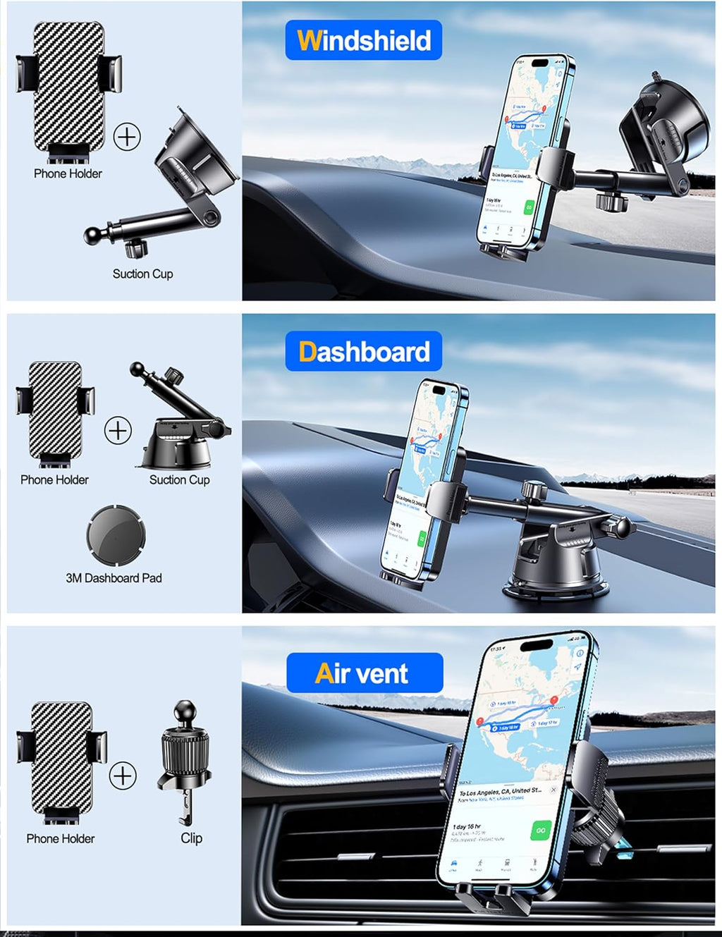 Universal Car Phone Mount - Dash, Windshield & Air Vent Holder for iPhone & Smartphones - Hands-Free Convenience