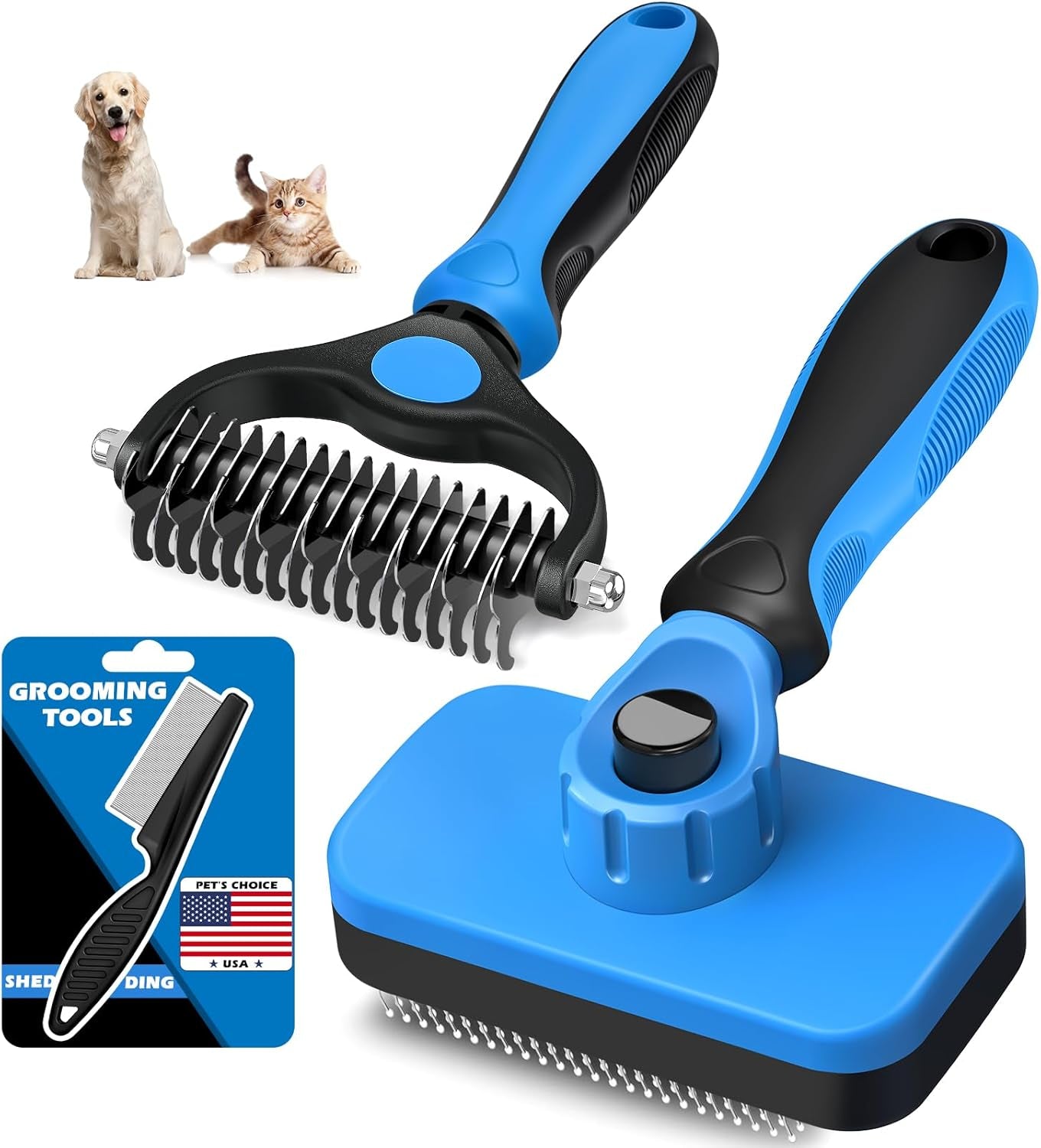Ultimate Pet Grooming Set: 3PCS Self-Cleaning Slicker Brush, Dematting Comb & Flea Comb for Dogs, Cats & Horses - Skin-Friendly Deshedding Tools in Blue