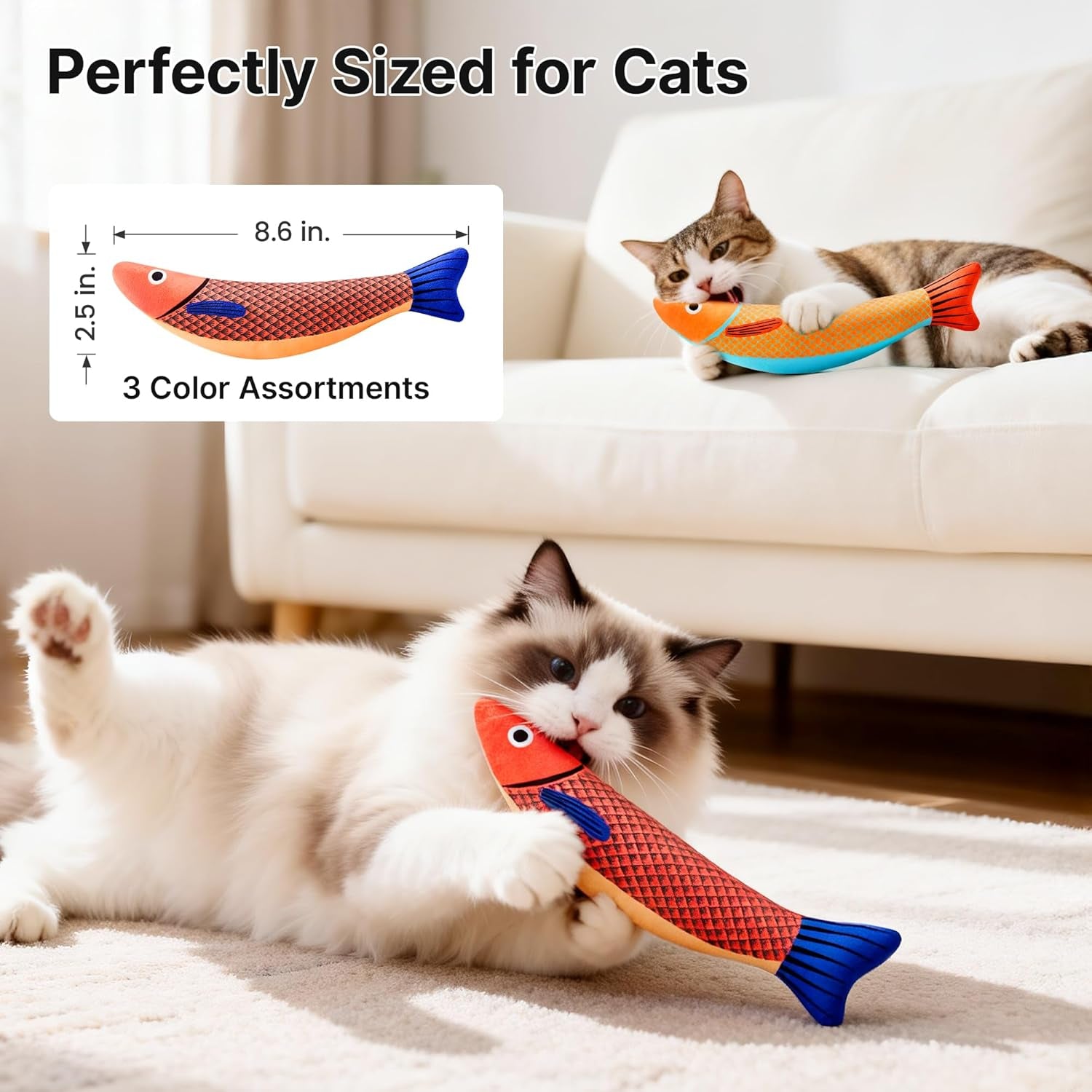 Cat Toys - 3 Pack Saury Fish with Catnip & Crinkle Sound, Soft & Durable Interactive Kitten Kickers for Indoor Play, 9.4 Inches for All Breeds