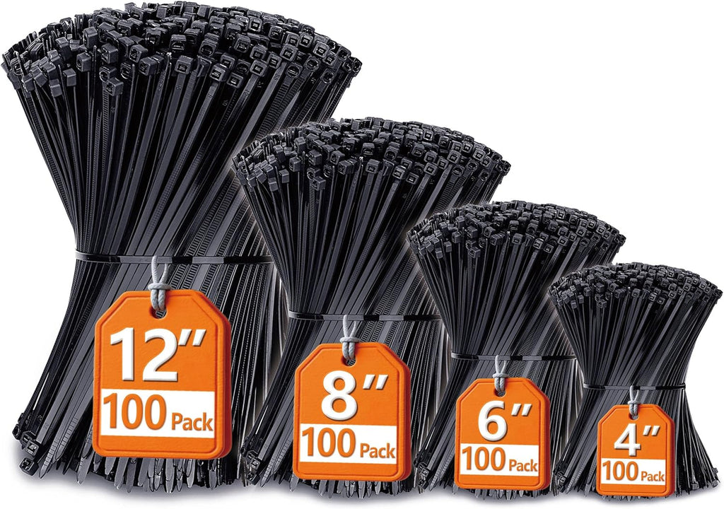 Premium Assorted Zip Ties - 400 Pack, UV Resistant Black Cable Ties in 4”, 6”, 8”, and 12” Sizes by