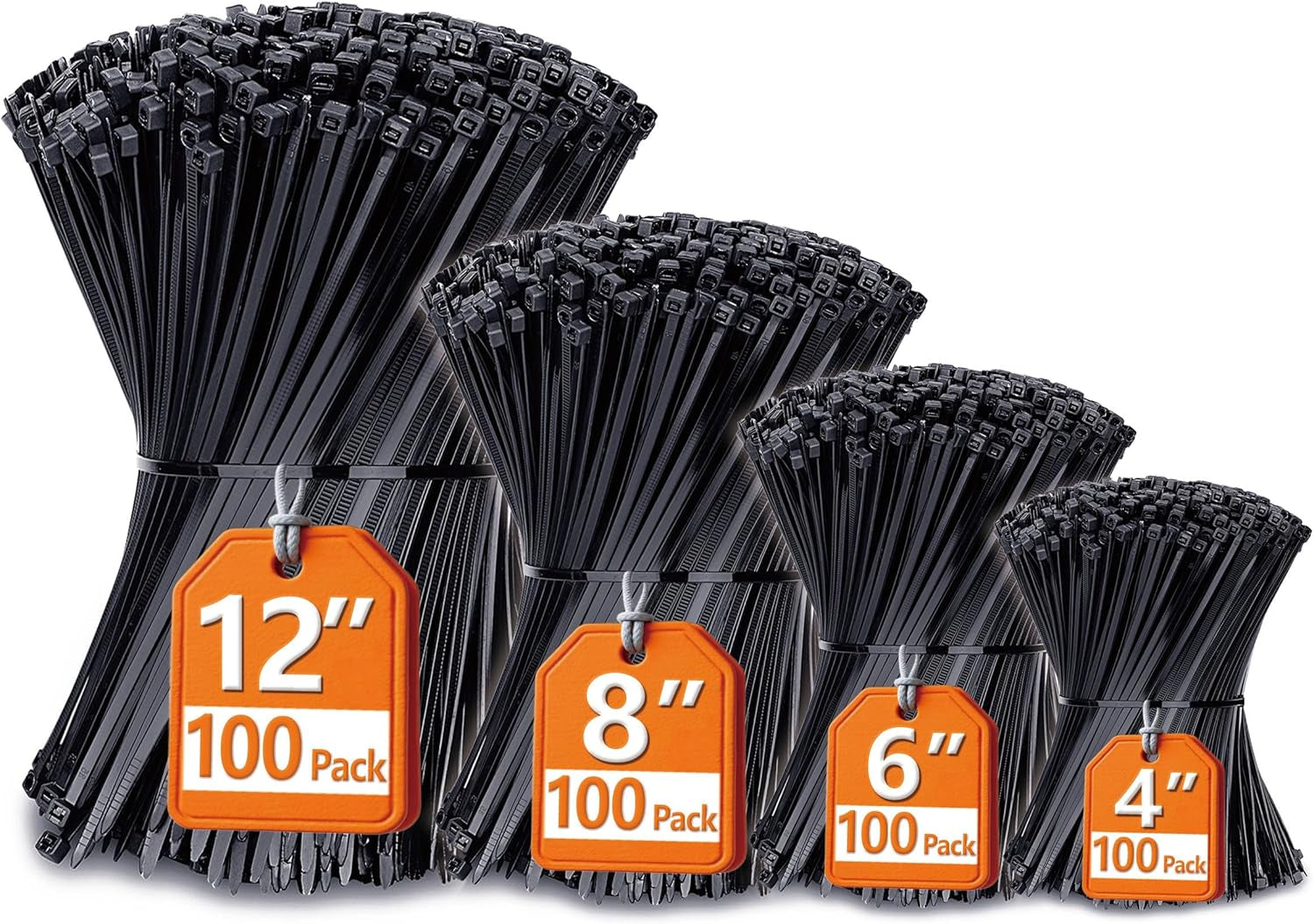Premium Assorted Zip Ties - 400 Pack, UV Resistant Black Cable Ties in 4”, 6”, 8”, and 12” Sizes by