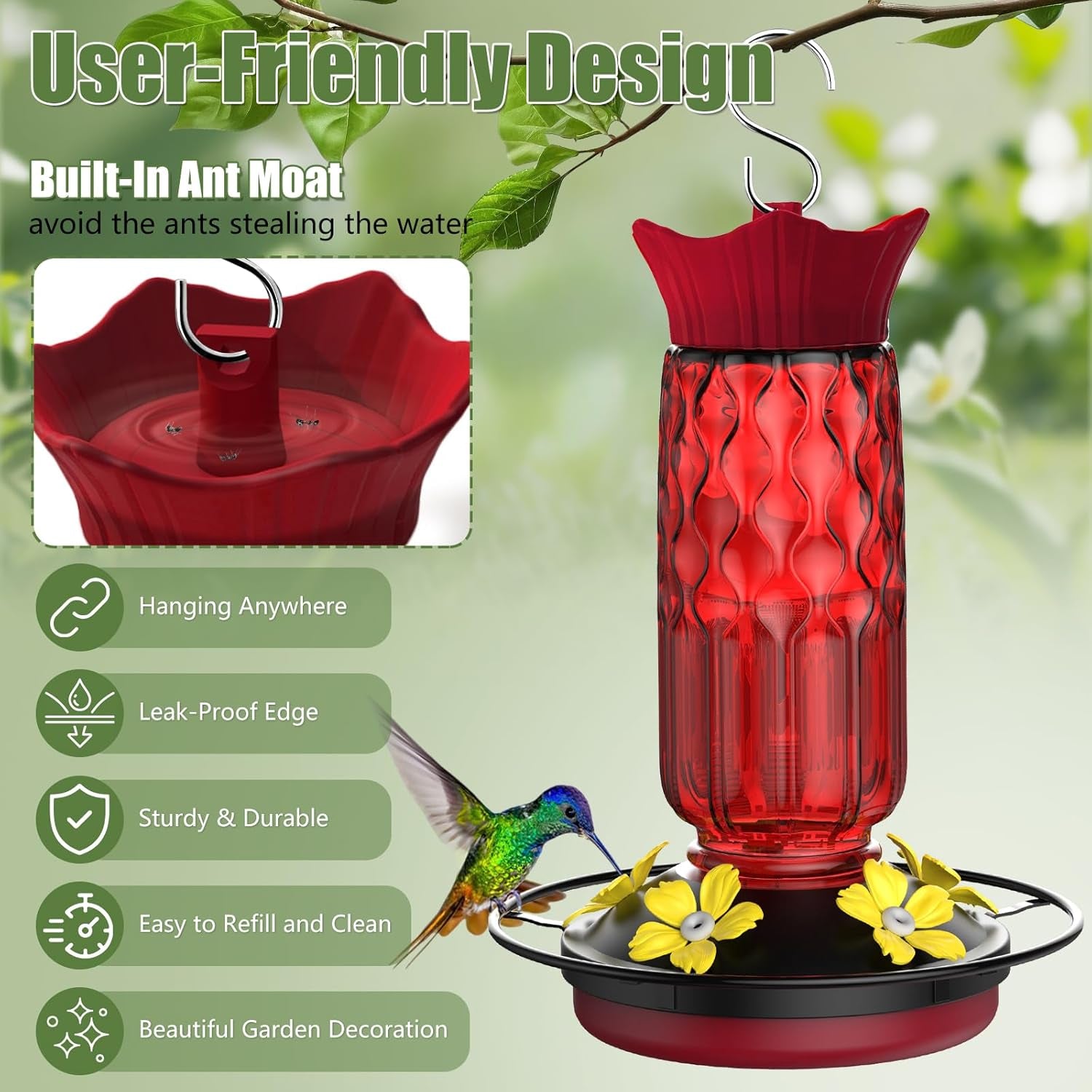 Deluxe Hummingbird Feeder - 16 Oz Hanging Bird Feeder with 5 Flower Ports, Bee-Proof Design & Built-In Ant Moat - Perfect Outdoor Garden Decor Gift for Moms & Women