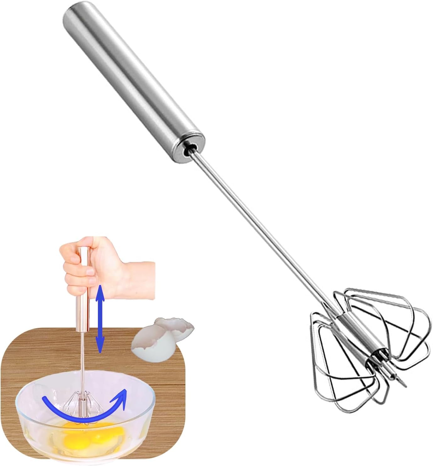 Whizzy Whisk Stainless Steel Semi-Automatic Egg Beater - 10" Hand Push Blender for Effortless Mixing and Cooking!