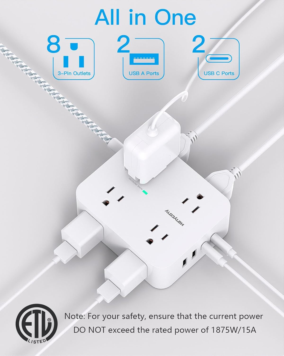 Surge Protector Power Strip - 8 Outlets & 4 USB Charging Ports (2 USB-C), 5Ft Braided Cord, Flat Plug for Home & Office
