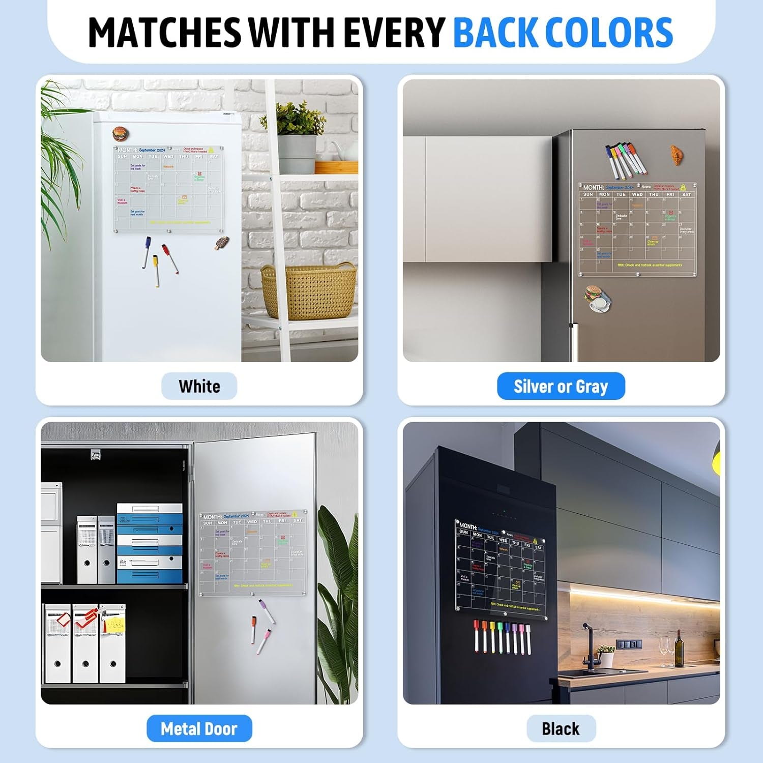 Magnetic Acrylic Fridge Calendar - 14.5"x11.5" Dry Erase Monthly Planner with 8 Color Markers for Events, Meetings & Shopping Lists