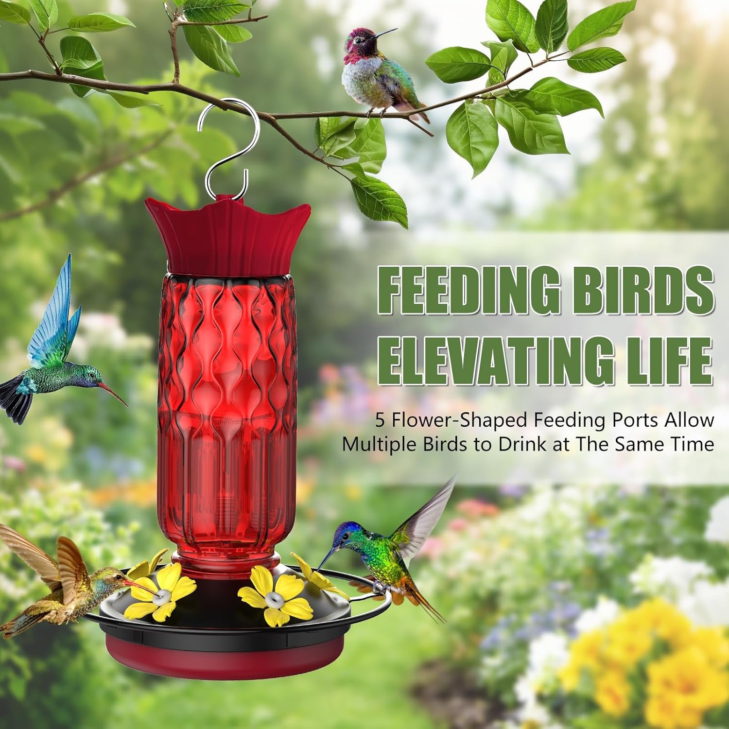 Deluxe Hummingbird Feeder - 16 Oz Hanging Bird Feeder with 5 Flower Ports, Bee-Proof Design & Built-In Ant Moat - Perfect Outdoor Garden Decor Gift for Moms & Women