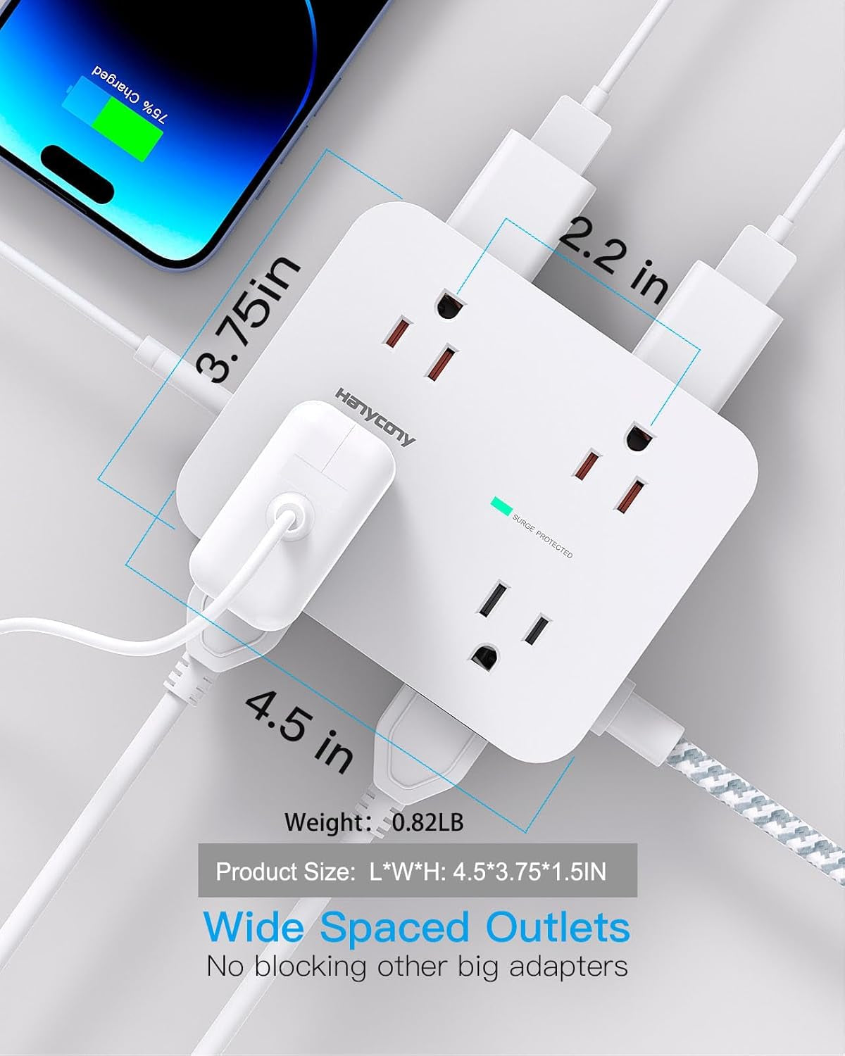 Surge Protector Power Strip - 8 Outlets & 4 USB Charging Ports (2 USB-C), 5Ft Braided Cord, Flat Plug for Home & Office