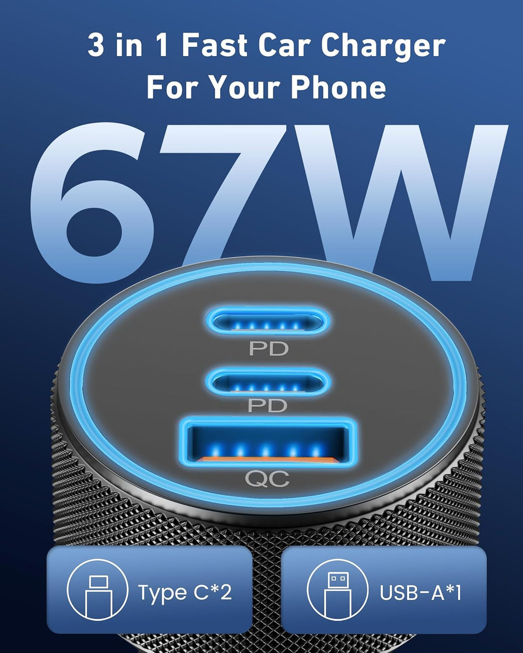 67W USB C Car Charger - 3-Port Fast Charging Adapter for iPhone 17/16/15/14/13/12/11 Pro Max, iPad, Samsung Galaxy S25/S24/S23/S22, Pixel & Android Devices