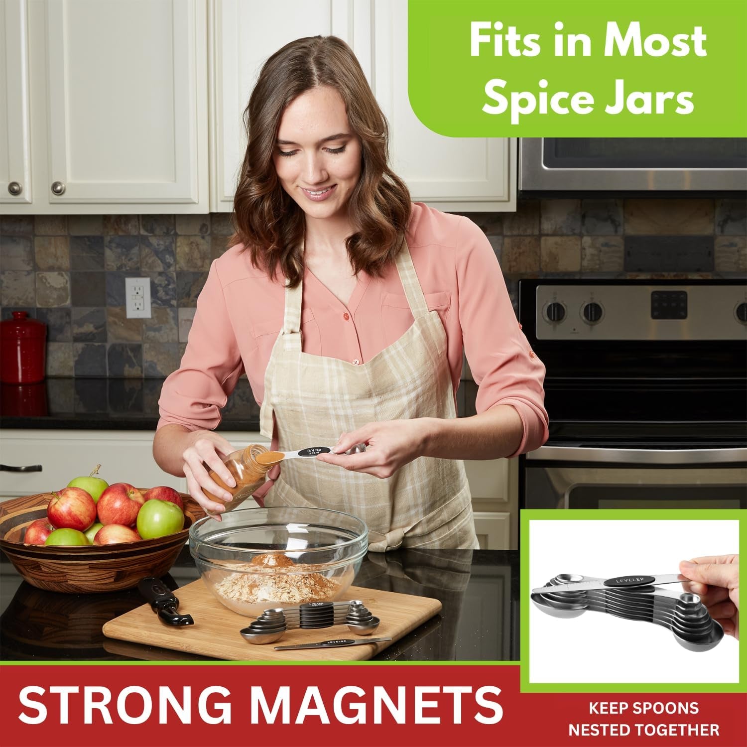 Stainless Steel Magnetic Measuring Spoons Set - Heavy Duty Kitchen Gadgets for Baking & Cooking, Fits Most Spice Jars, Set of 8 with Leveler, Sleek Black Design