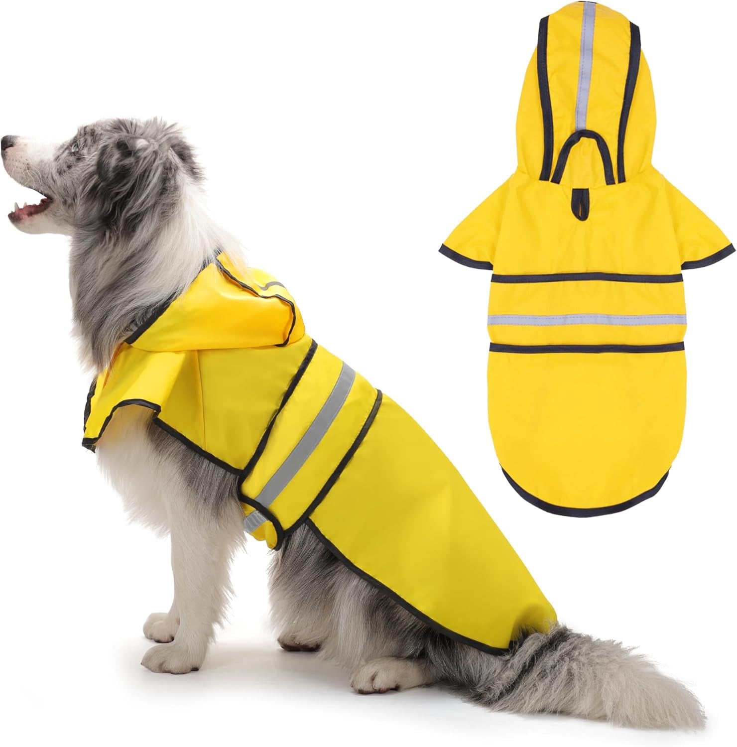 Waterproof Dog Raincoat - Adjustable Hooded Poncho with Reflective Stripes & Leash Hole for All Dog Sizes - Bright Yellow M