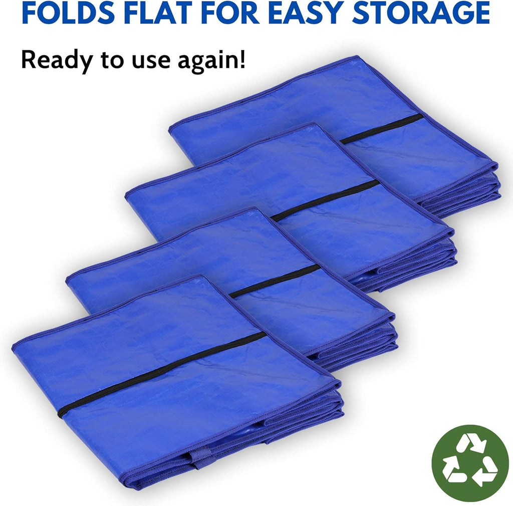 Extra Large Heavy Duty Moving Bags - 4 Pack Blue Storage Bins with Strong Zipper & Carry Handles - Ideal for College Dorm Essentials