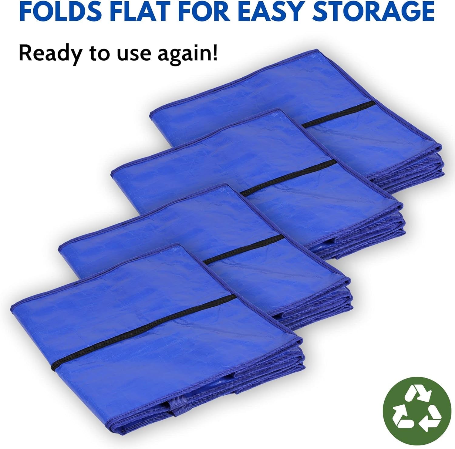 Extra Large Heavy Duty Moving Bags - 4 Pack Blue Storage Bins with Strong Zipper & Carry Handles - Ideal for College Dorm Essentials
