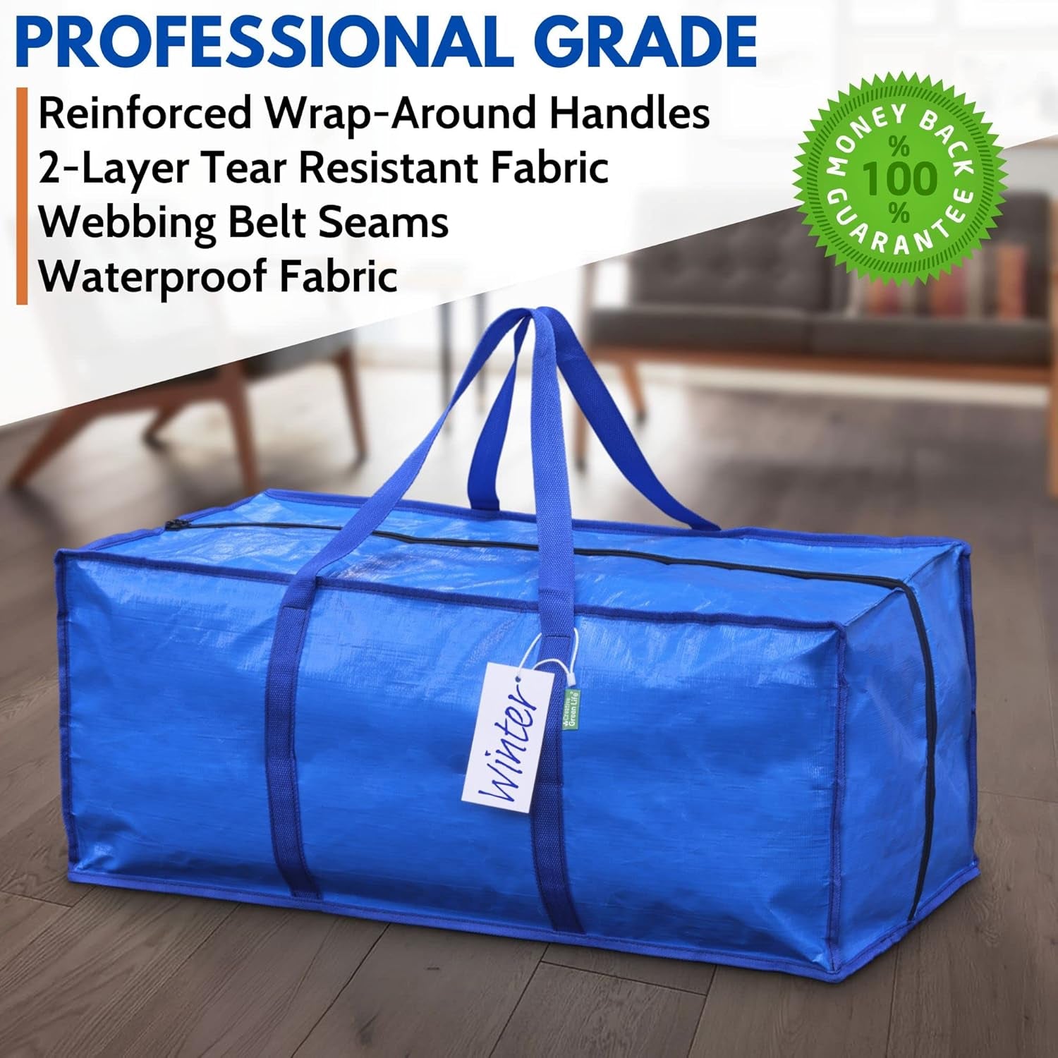 Extra Large Heavy Duty Moving Bags - 4 Pack Blue Storage Bins with Strong Zipper & Carry Handles - Ideal for College Dorm Essentials