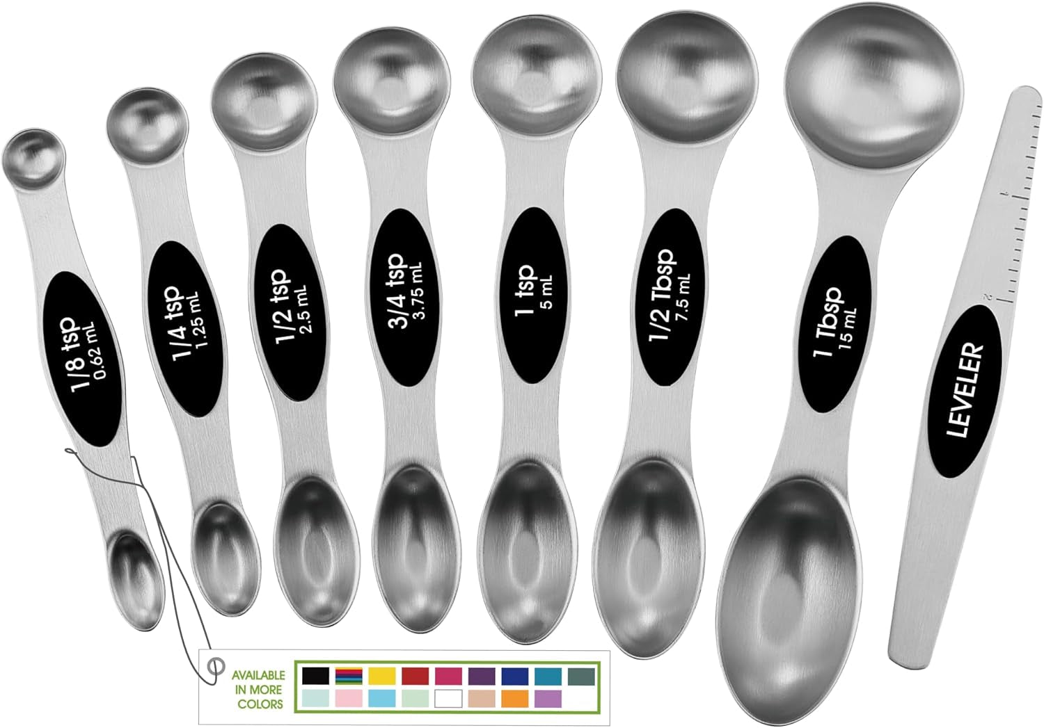 Stainless Steel Magnetic Measuring Spoons Set - Heavy Duty Kitchen Gadgets for Baking & Cooking, Fits Most Spice Jars, Set of 8 with Leveler, Sleek Black Design