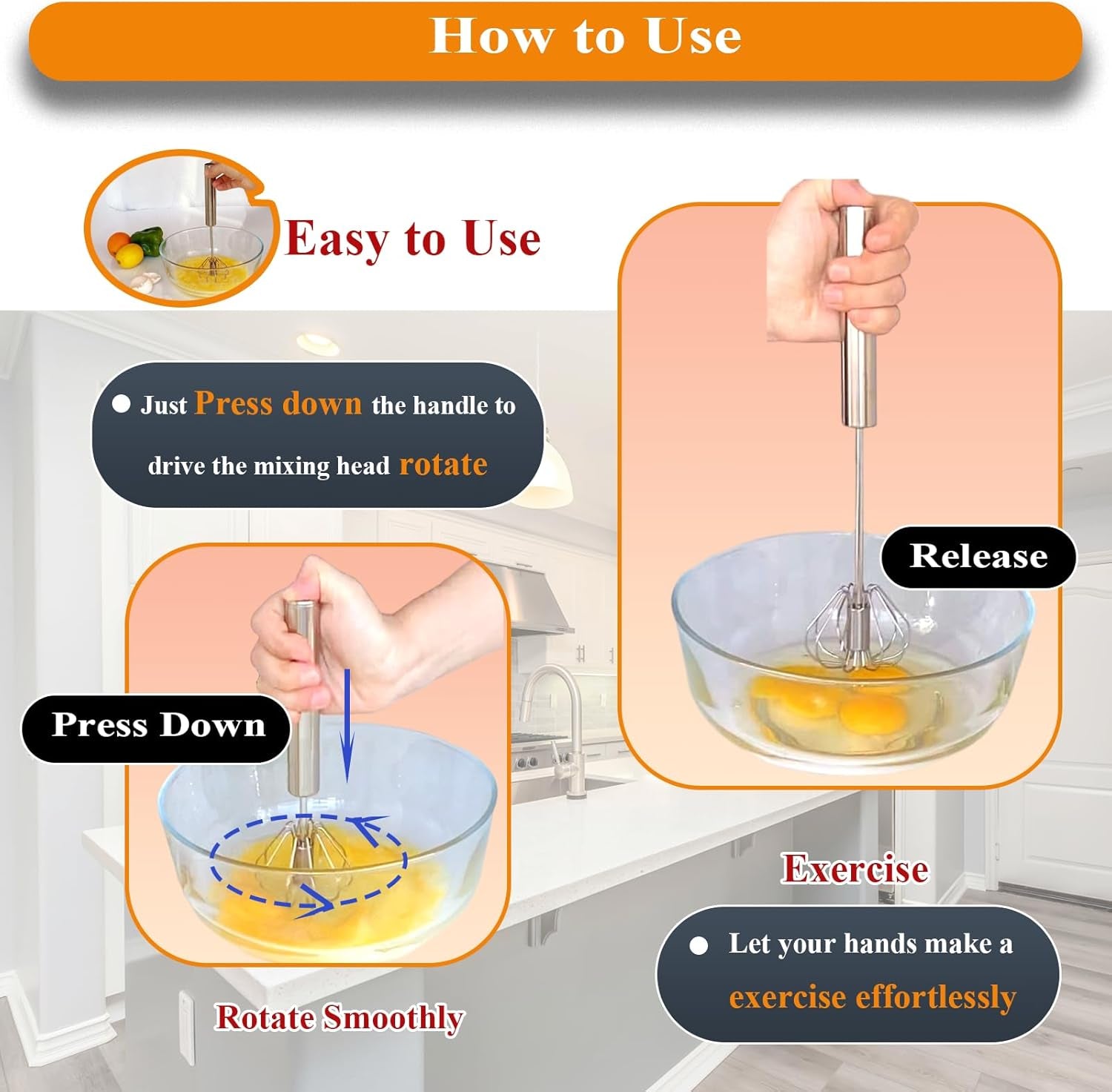 Whizzy Whisk Stainless Steel Semi-Automatic Egg Beater - 10" Hand Push Blender for Effortless Mixing and Cooking!