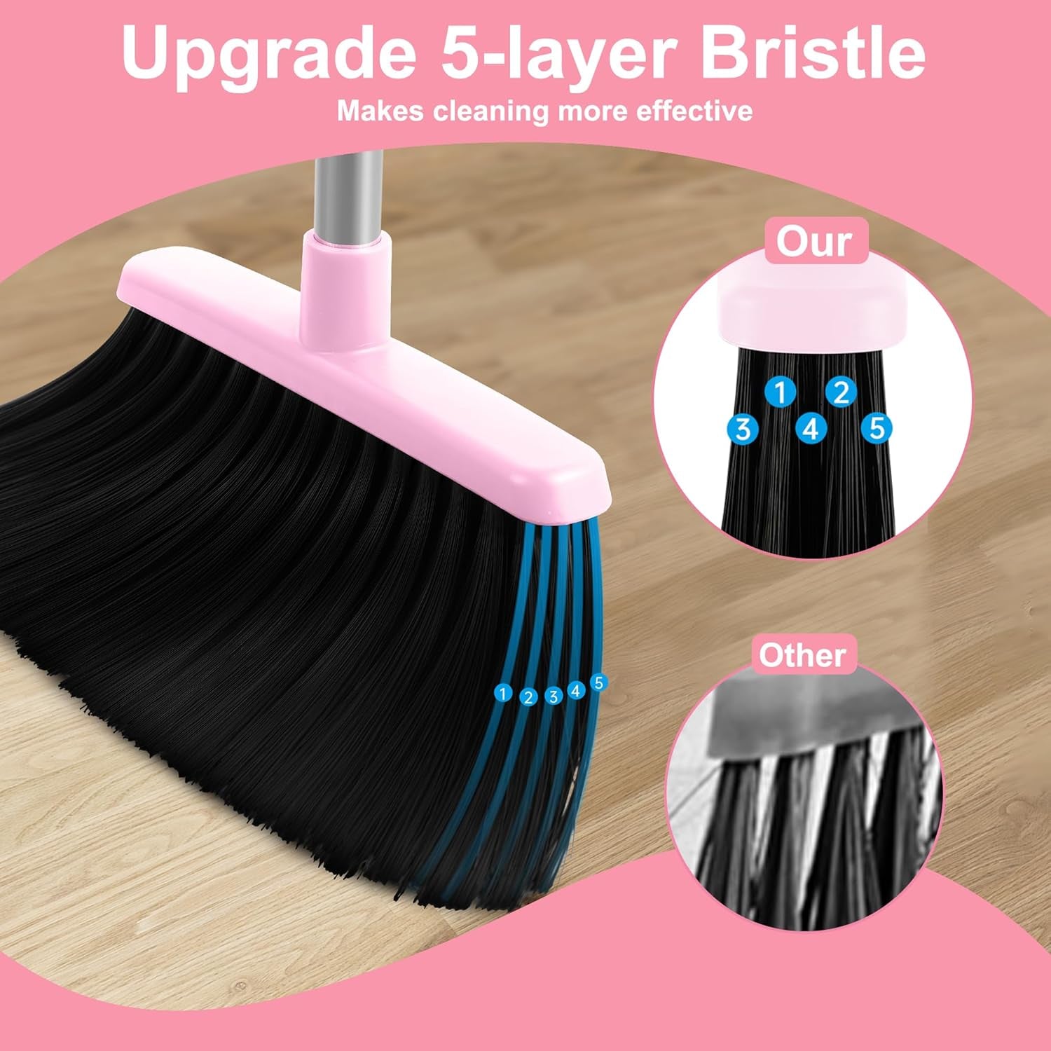 Pink Broom and Dustpan Set - Collapsible Indoor Sweeping Combo for Home, Office, Kitchen & Pet Hair Cleanup