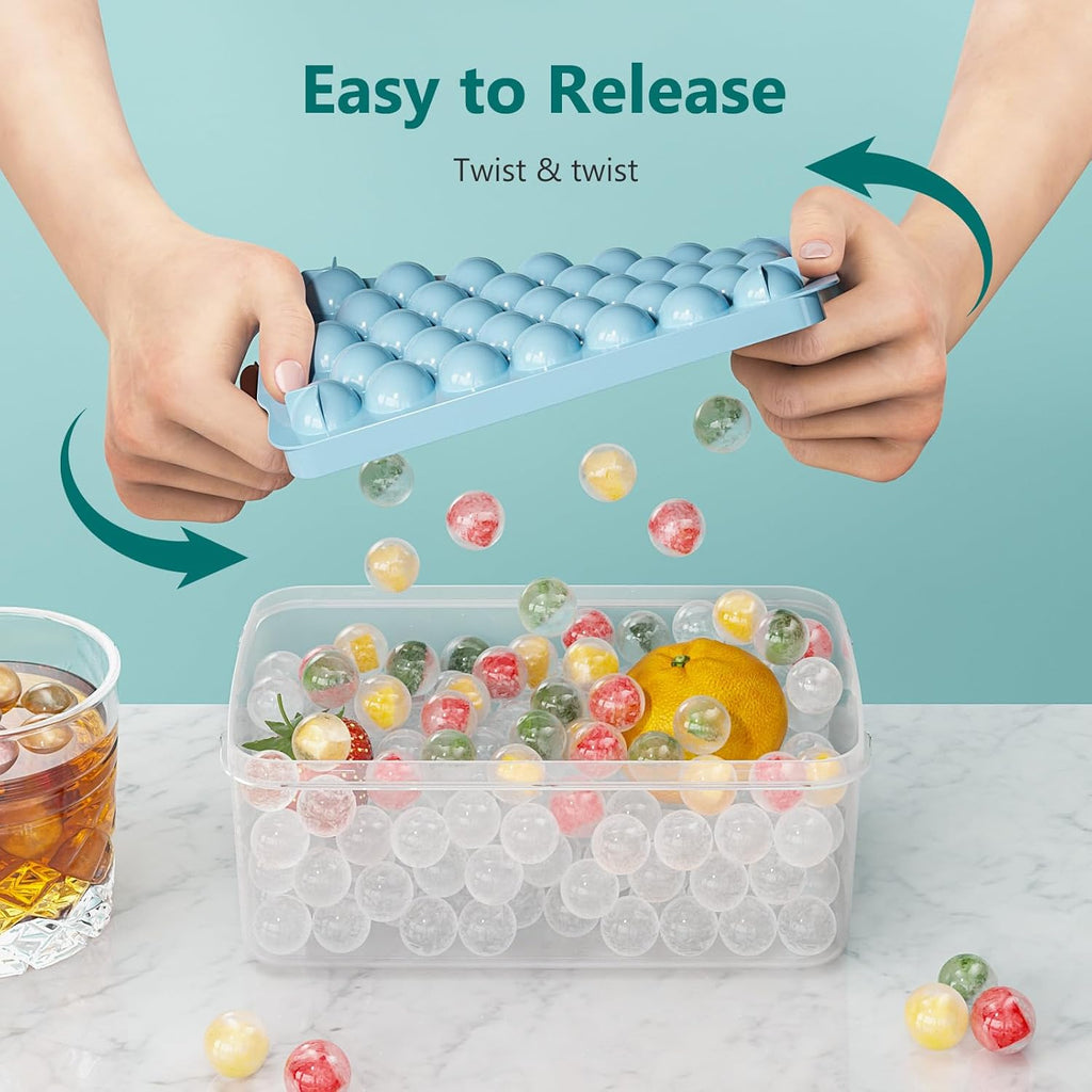 99 PCS Round Ice Cube Tray Set - 3 Pack with Lids & Bin for Perfectly Chilled Drinks (0.8 Inch, Blue)