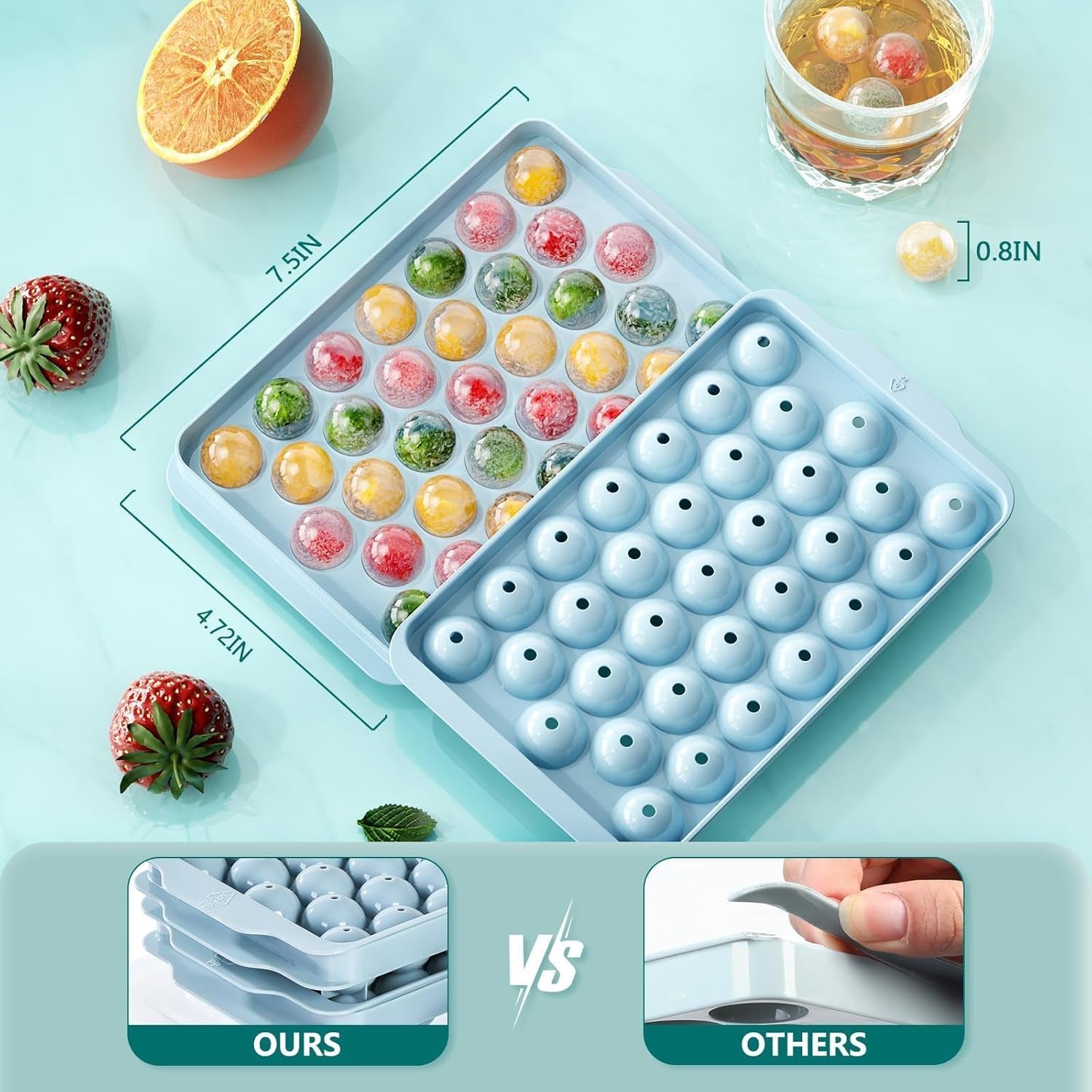 99 PCS Round Ice Cube Tray Set - 3 Pack with Lids & Bin for Perfectly Chilled Drinks (0.8 Inch, Blue)