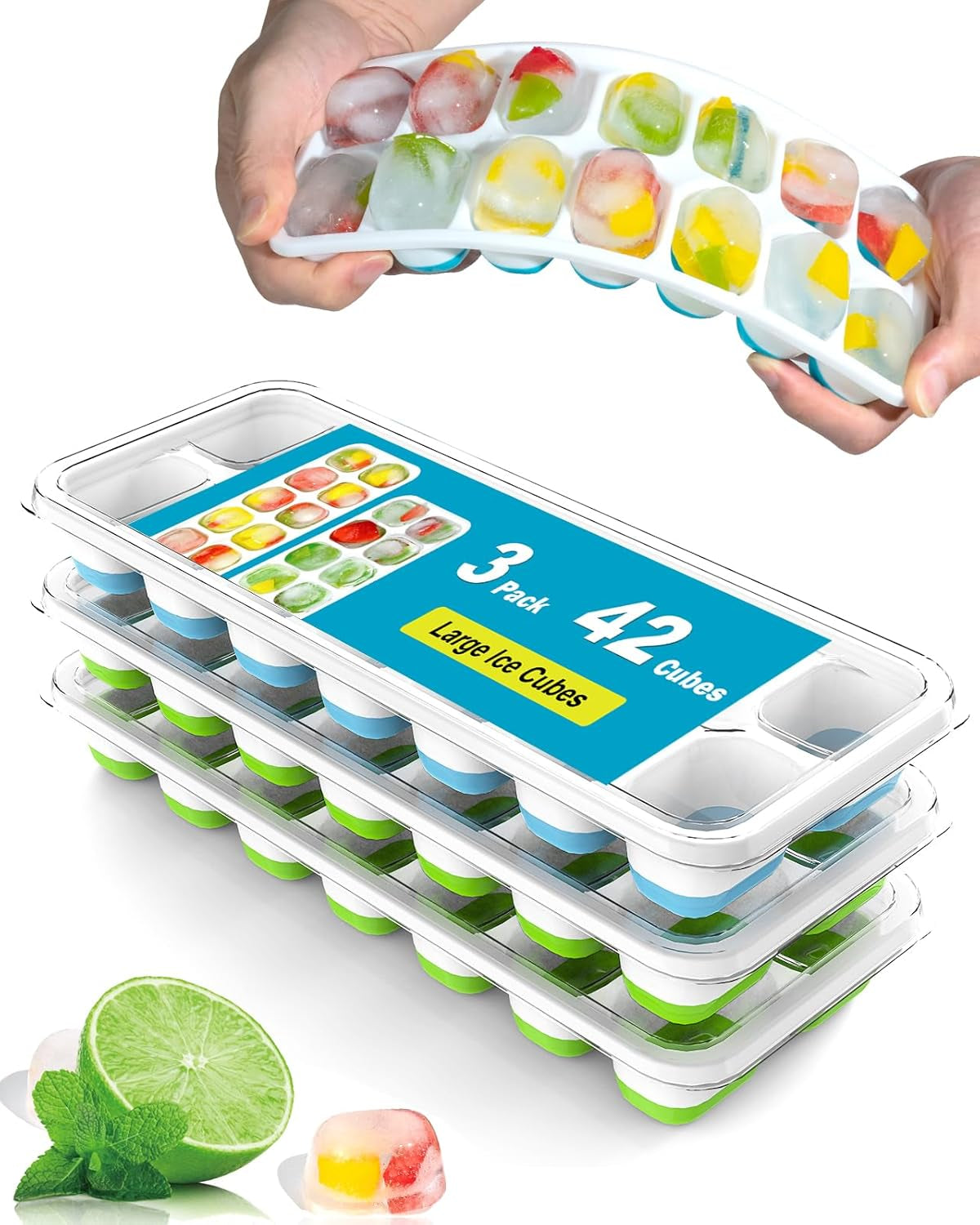 Versatile 3-Pack Ice Cube Trays with Lids - Flexible Silicone, Stackable & Space-Saving Design, Color-Coded for Easy Use (2 Green, 1 Blue) - Perfect for Juices, Coffee & Cocktails, BPA Free