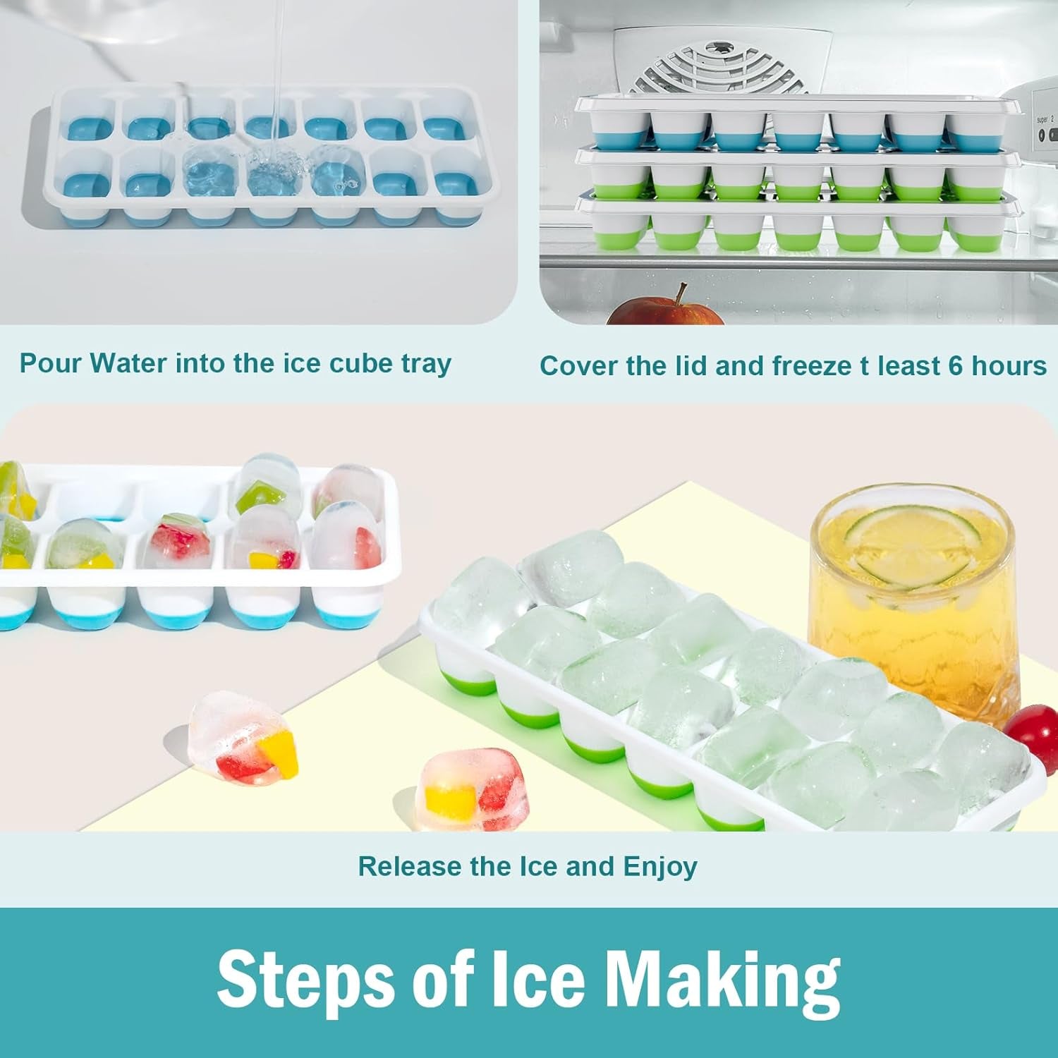 Versatile 3-Pack Ice Cube Trays with Lids - Flexible Silicone, Stackable & Space-Saving Design, Color-Coded for Easy Use (2 Green, 1 Blue) - Perfect for Juices, Coffee & Cocktails, BPA Free