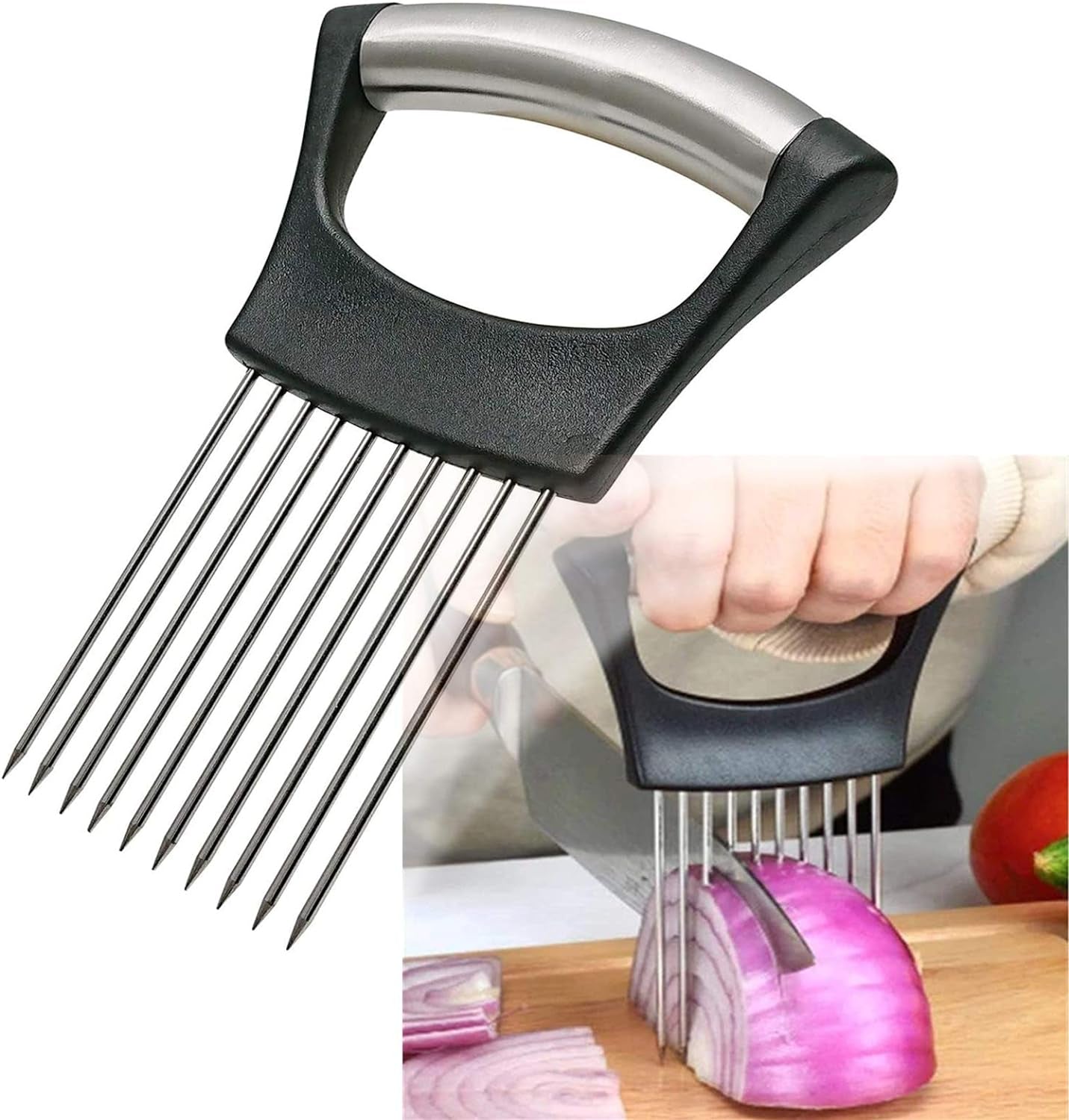 Stainless Steel Onion Holder & Slicer - Perfect for Onions, Tomatoes, Avocados, Eggs & More! Essential Kitchen Tool