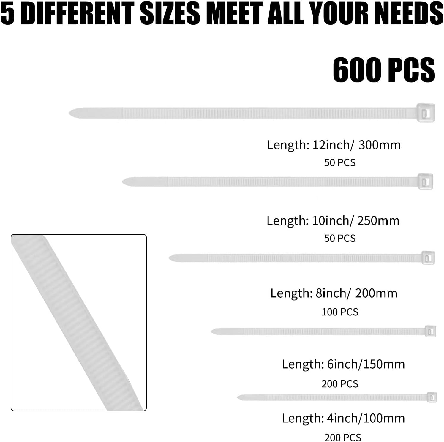 600-Piece Self-Locking Nylon Cable Zip Ties - Assorted Sizes (4"-12") for Home, Garden, Office & Workshop - Perfect Wire Management Solution in White